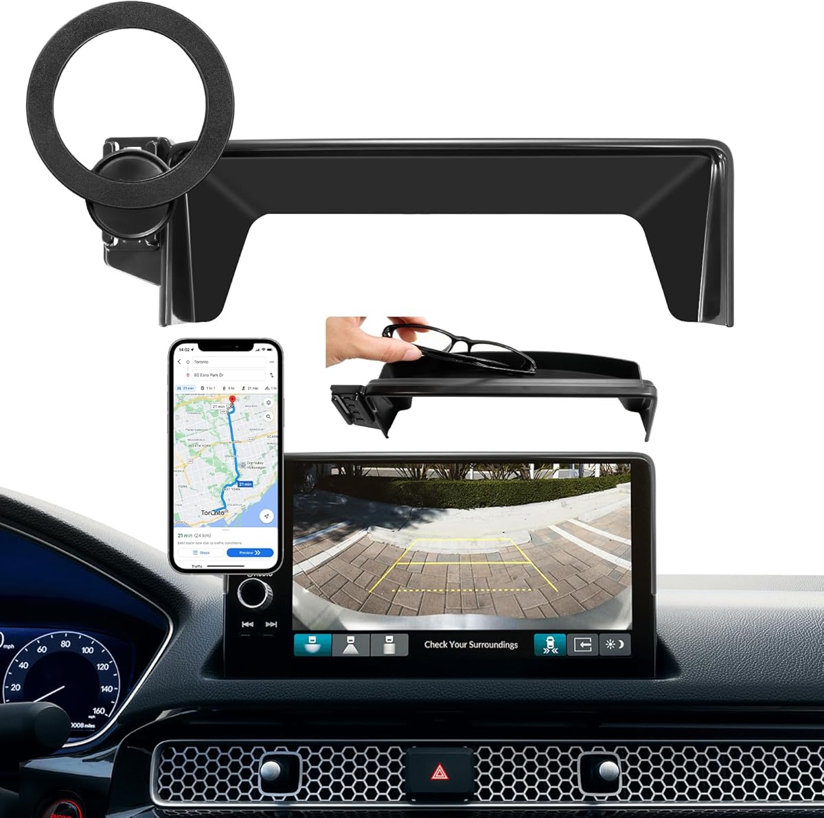 for MagSafe Car Phone Holder for Honda Civic Accessories 2022-2025 2026/2022+ Acura Integra Accessories, 7/9-Inch Screen 360° Magnetic Cell Phone Mount with Sunglasses Storage Box, Not Affect Air Vent
