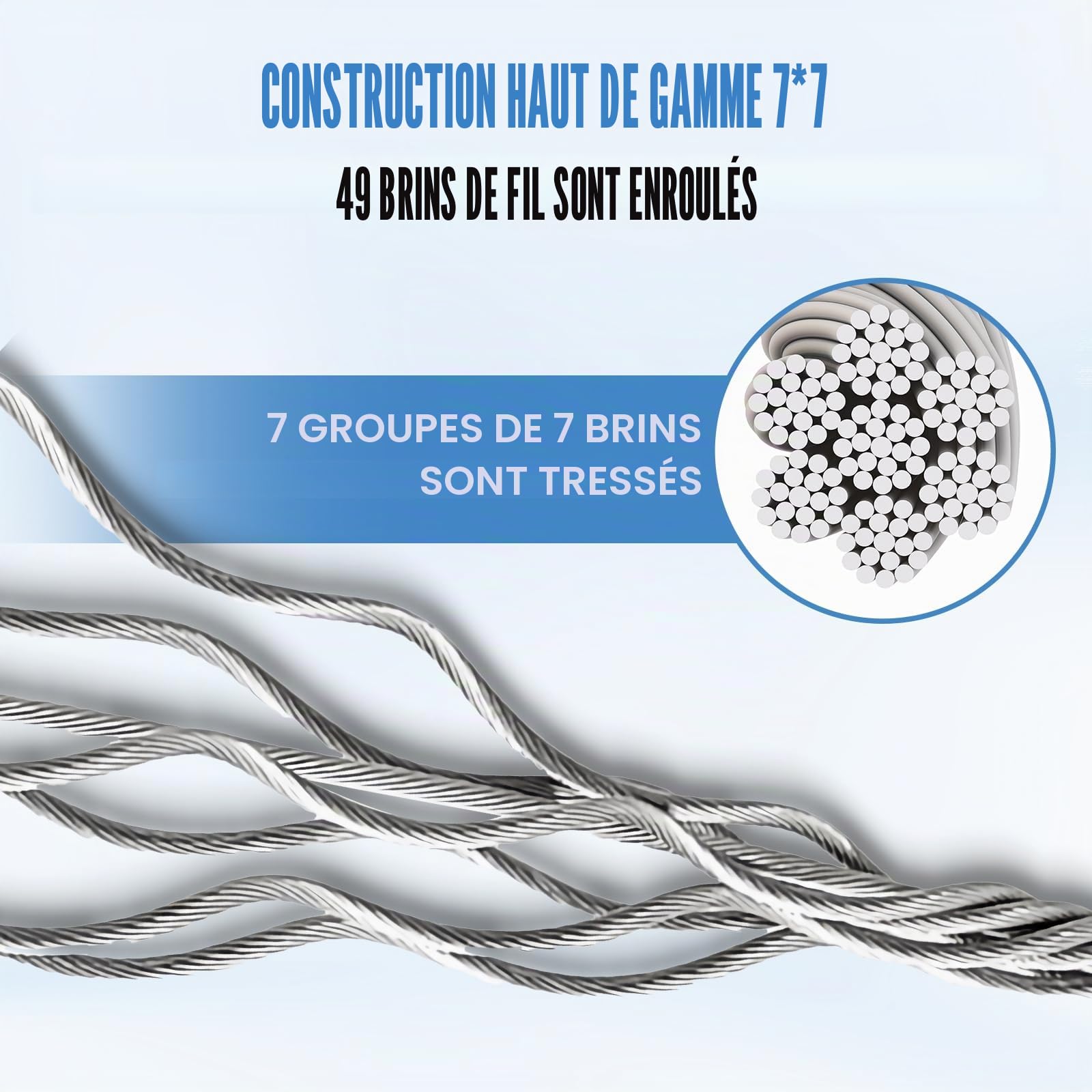 100m Câble métallique, 1mm Câble en acier inoxydable 304, âme de 7×7 brins avec 100 manchons de ser, corde à linge, pour plantes grimpantes, clôture, lumières, suspension
