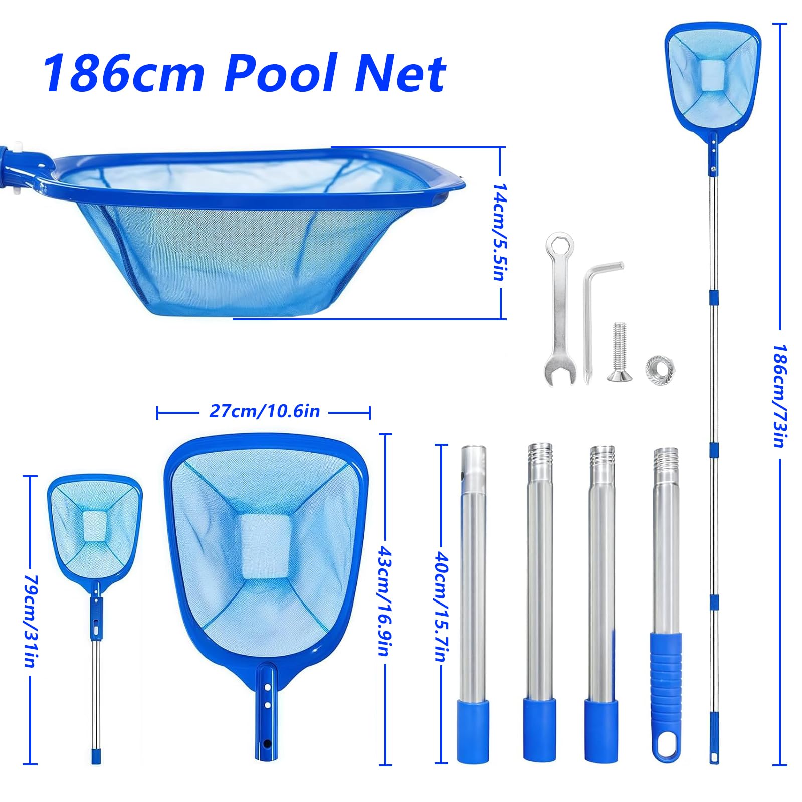 Épuisettes de Surface pour Piscine 186cm, Filet de Piscine, Filet Feuille Piscine Réglable, Épuisette de Piscines Fond avec Manche Télescopique, pour Spa, Source Chaude, Étang, Jacuzzis