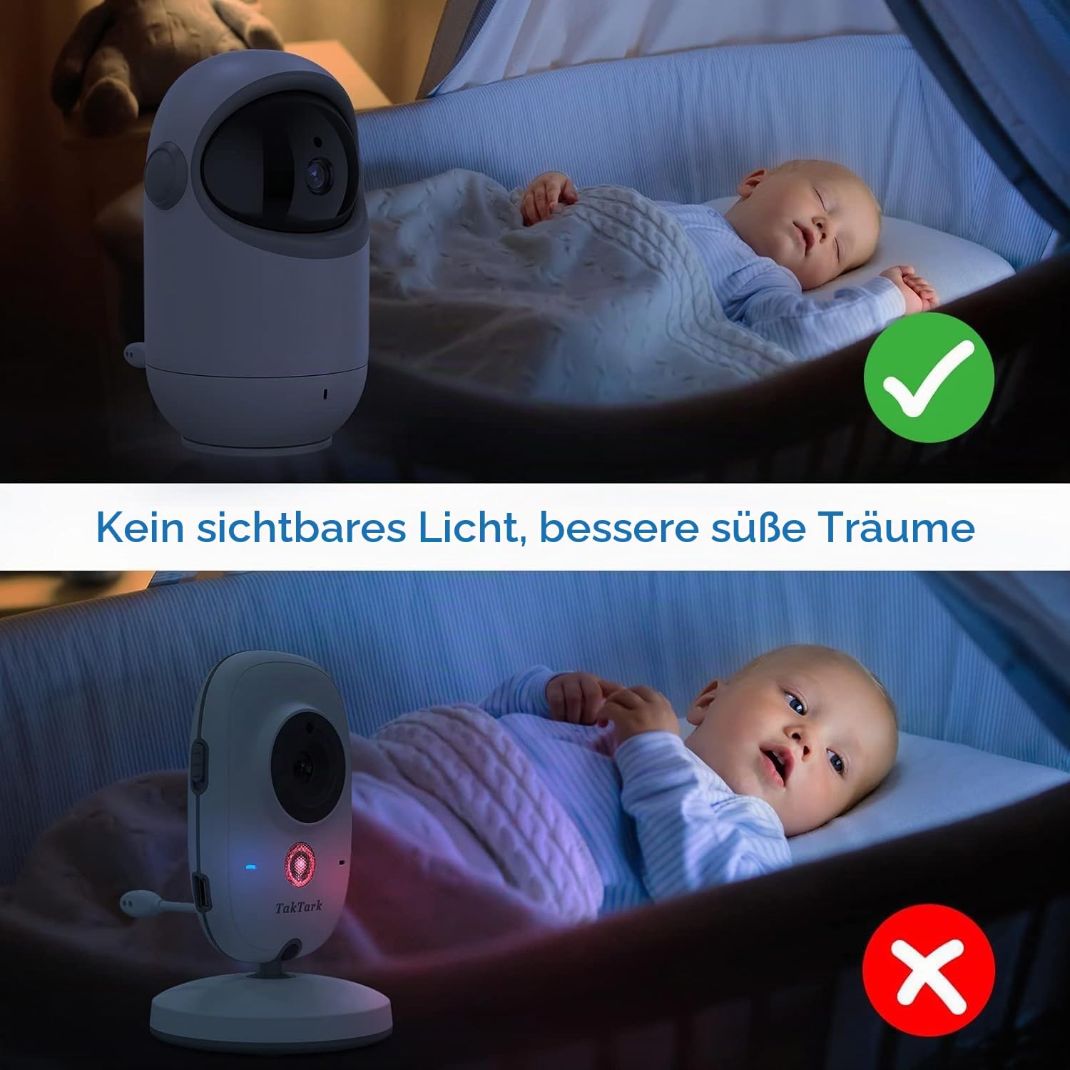 TakTark Babyphone mit Kamera, 4.3'' Babyfon mit Kamera und Audio mit Pan-Tilt 300° Rotation Video Baby Monitor mit VOX, Gegensprechfunktion, Nachtsicht, Temperatursensor und Keine störenden Lichter