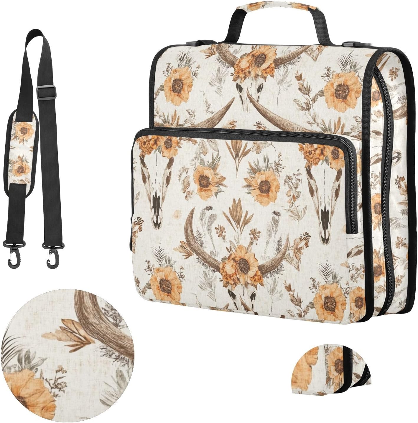 Western Boho Cow Skull Flower Zipper Binder with Shoulder Strap Bag 3 Ring Binder Organizer Large Capacity Multiple Compartments for School Office