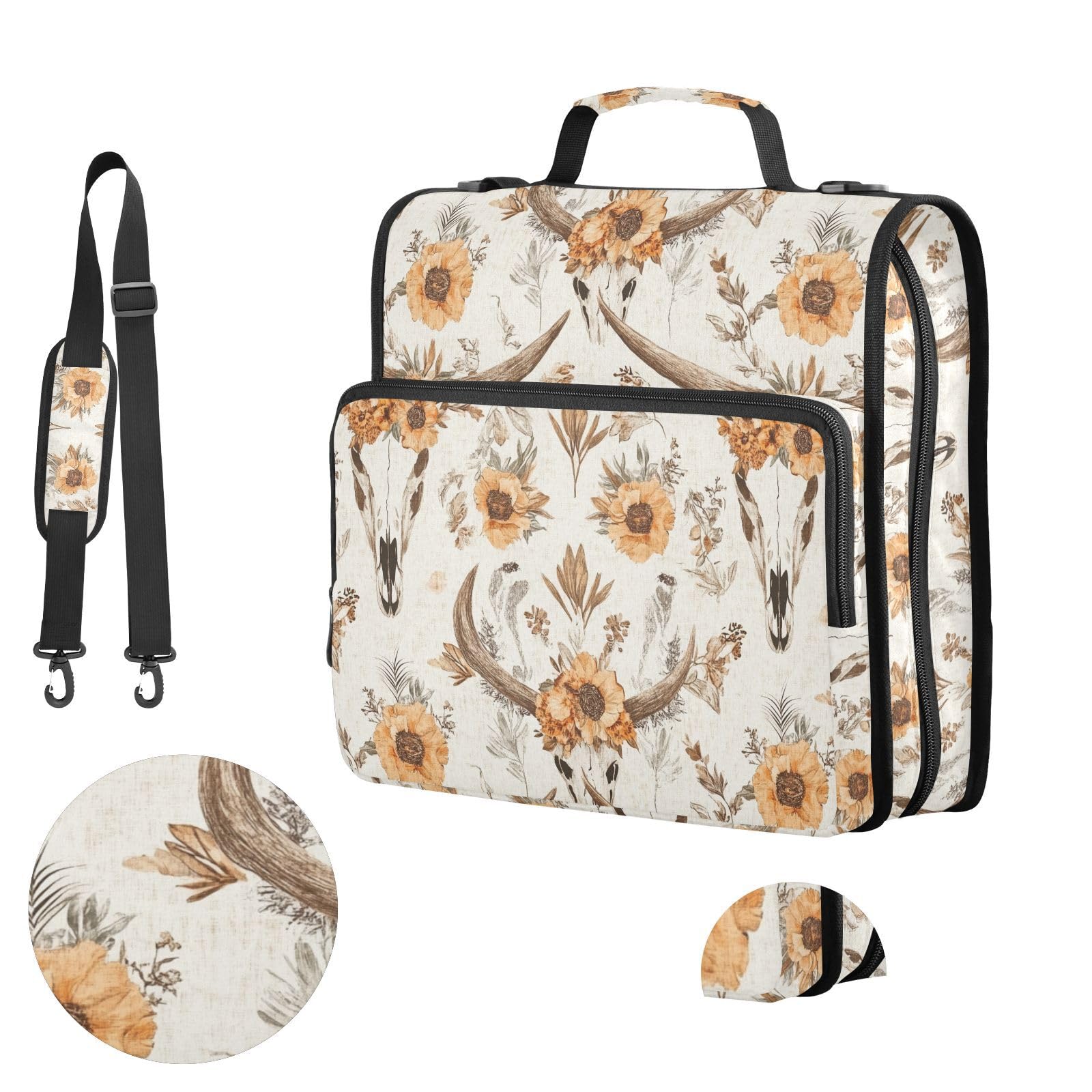 Western Boho Kuh Schädel Blume Reißverschluss Ordner mit Schultergurt Tasche 3 Ring Binder Organizer Große Kapazität Mehrere Fächer für Schule Büro