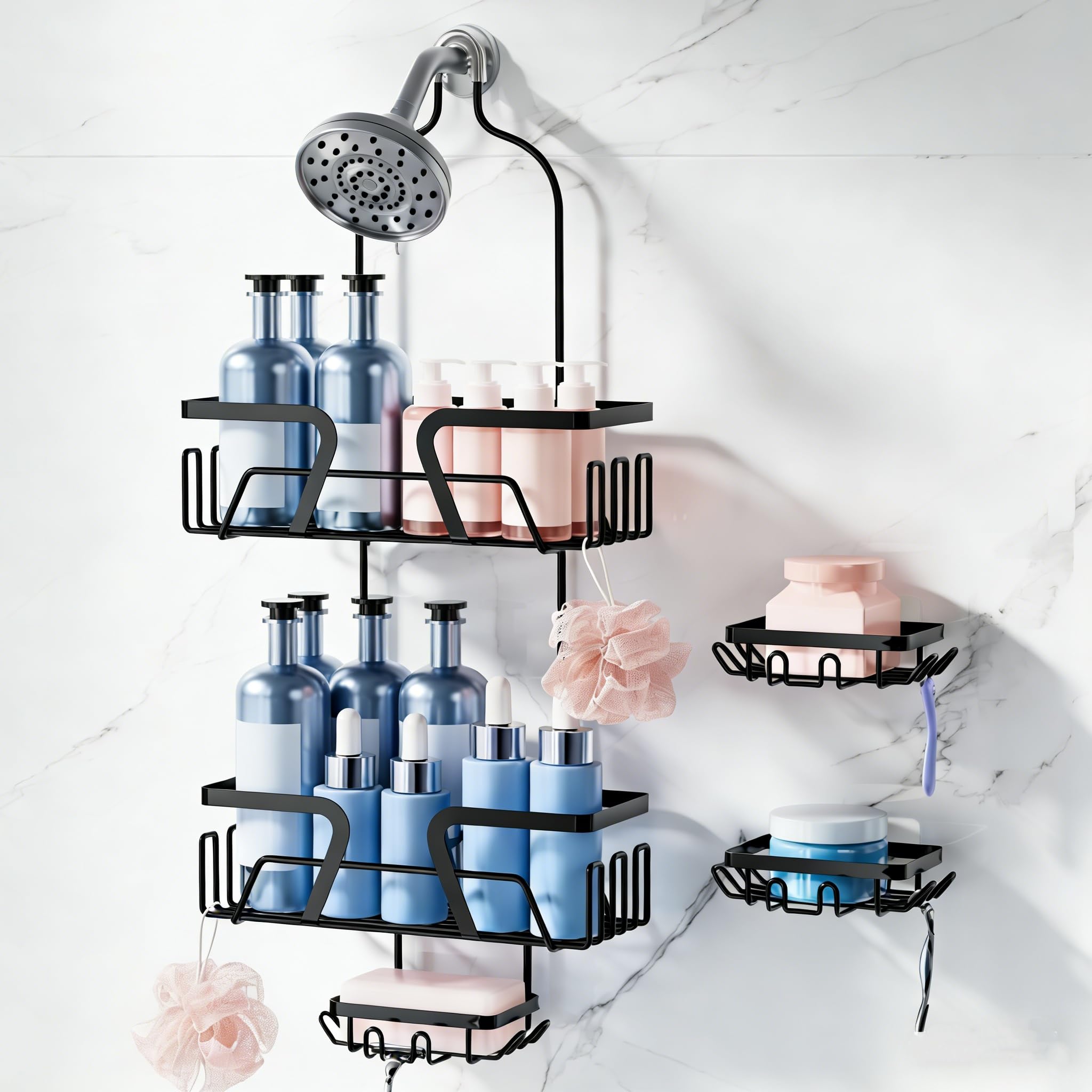 KEGII Shower Caddy Hanging 3-Pack Set Never Rust Over Showerhead Organizer with Adhesive Soap Holders Anti-Swing No Drilling
