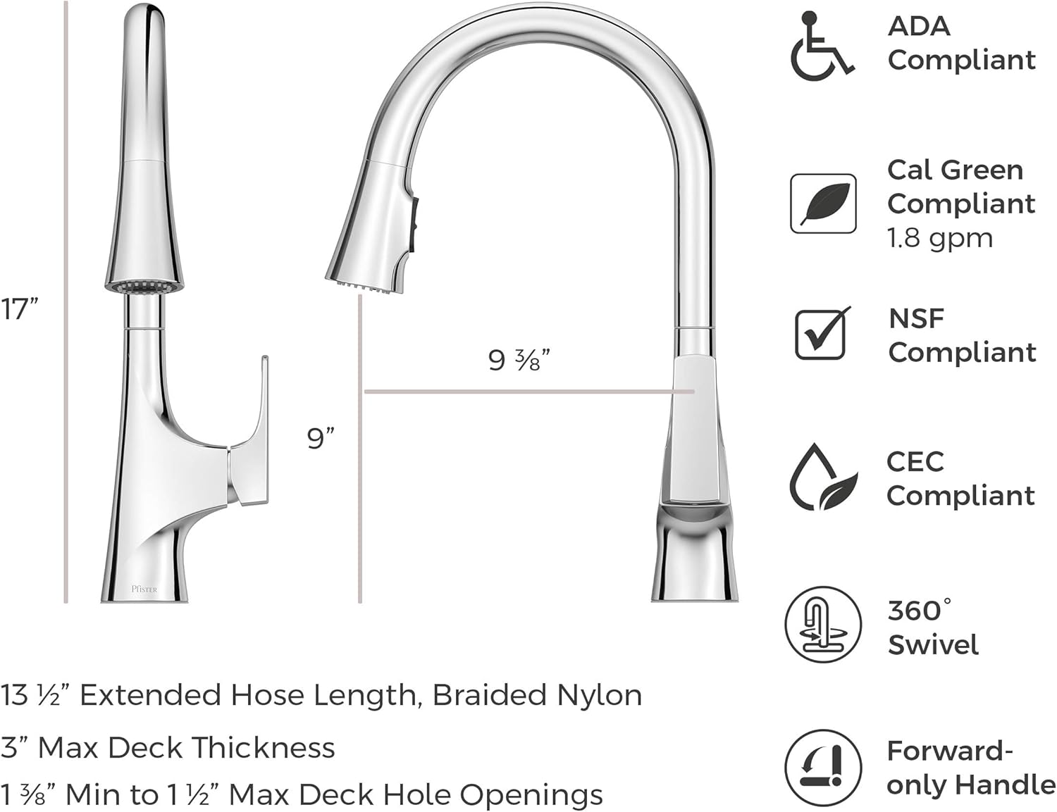 Pfister Norden Single Handle Kitchen Sink Faucet with Pull Down Sprayer, High Arc Polished Chrome Finish, HydroBlade Technology, Magnetic Docking, 360 Degree Swivel GT529NRC