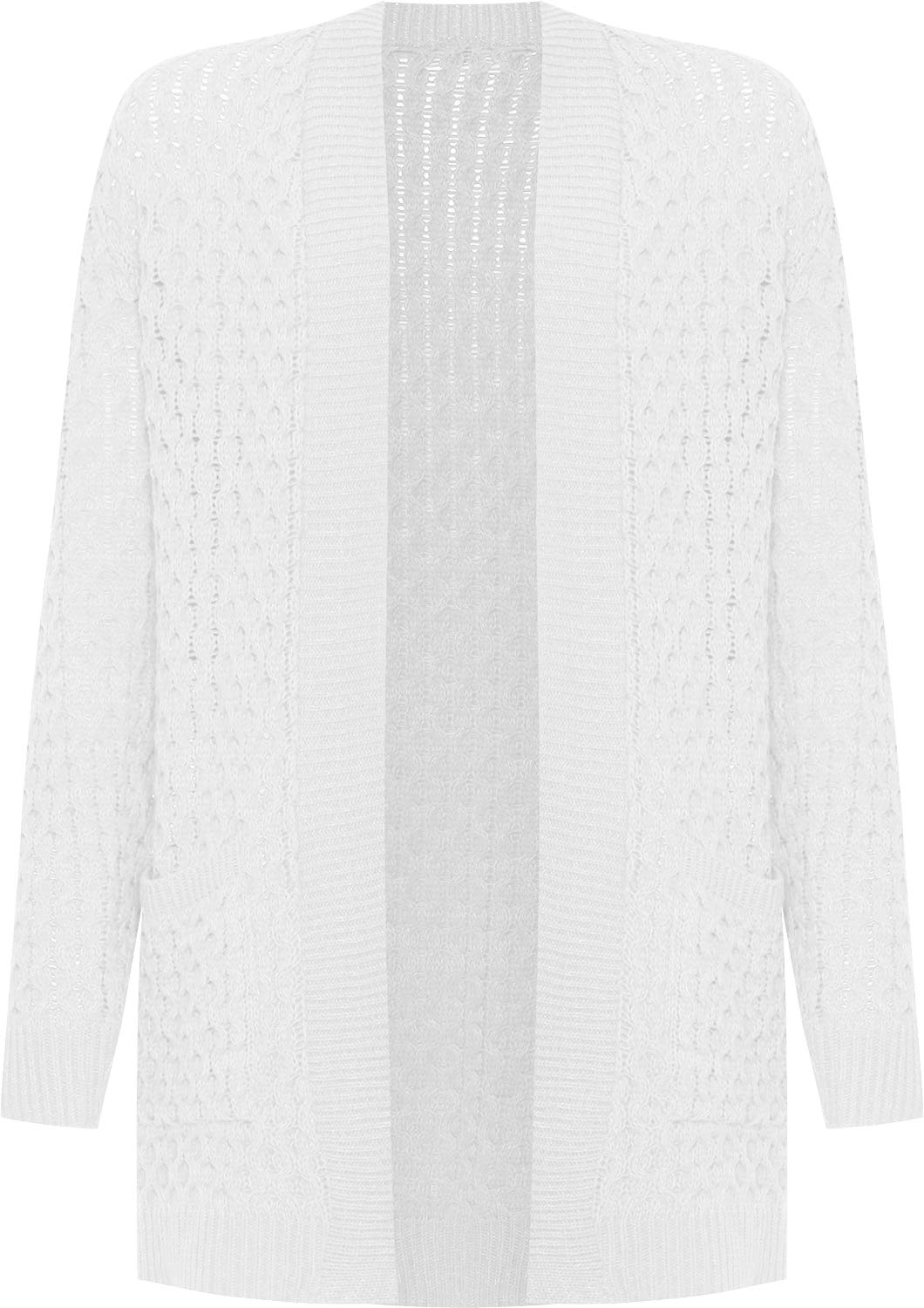Wearall Women's White Plus Cable Knitted Open Pocket Cardigan Chunky Long Sleeve Grandad - 20-22
