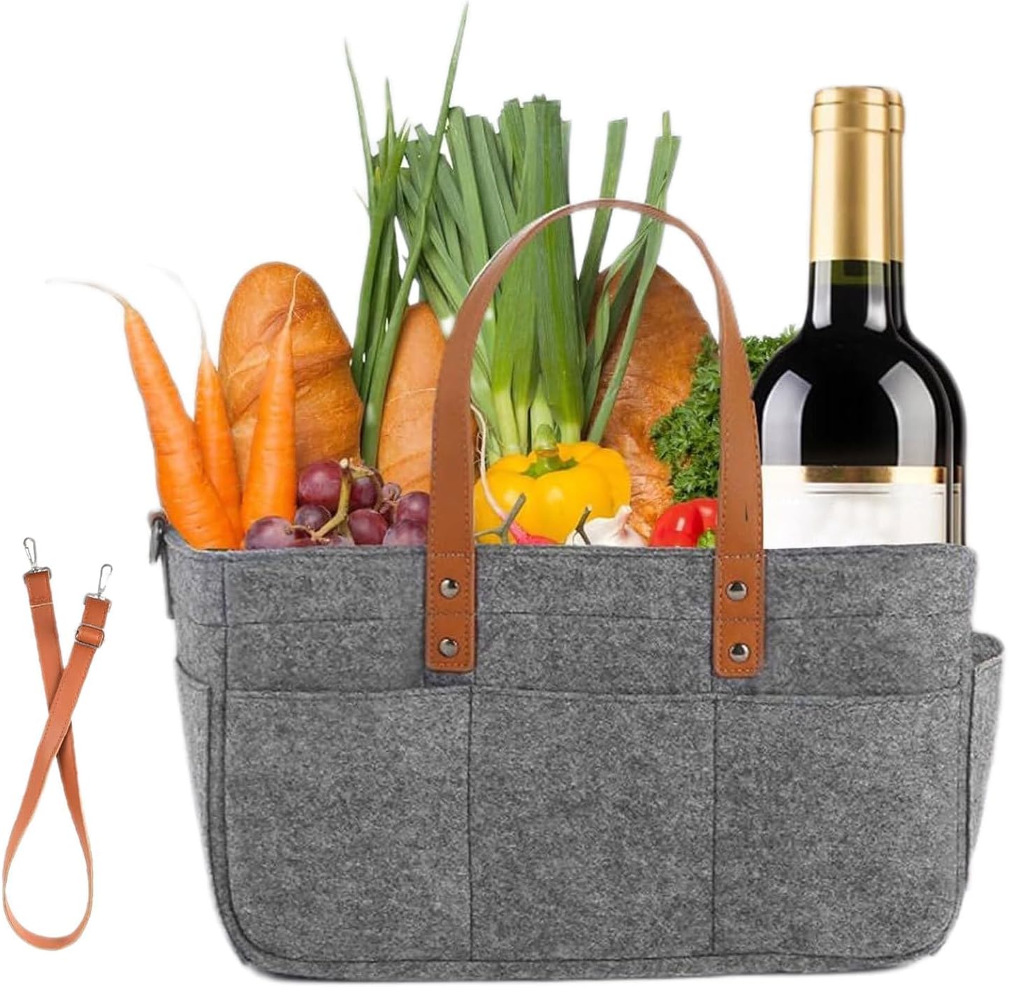 Home Storage Felt Storage Baskets,Large Portable Market Basket with Shoulder Strap,Reusable Storage Organization for Kitchen, Food, Travel, Outdoor & Family