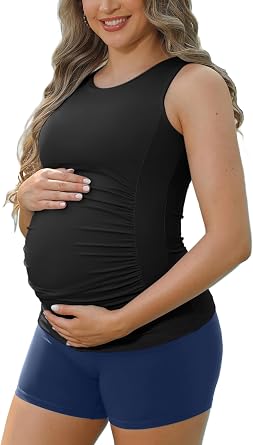 ATTRACO Womens Maternity Tank Tops with Built in Bra Side Ruched Sleeveless Pregnancy Tank