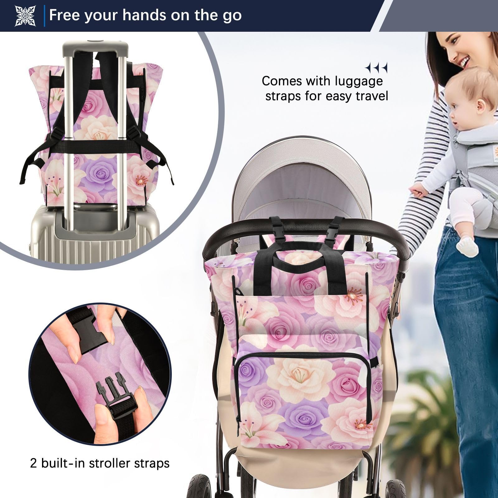 Zaino per pannolini Rosa Bianco e Rose Viola