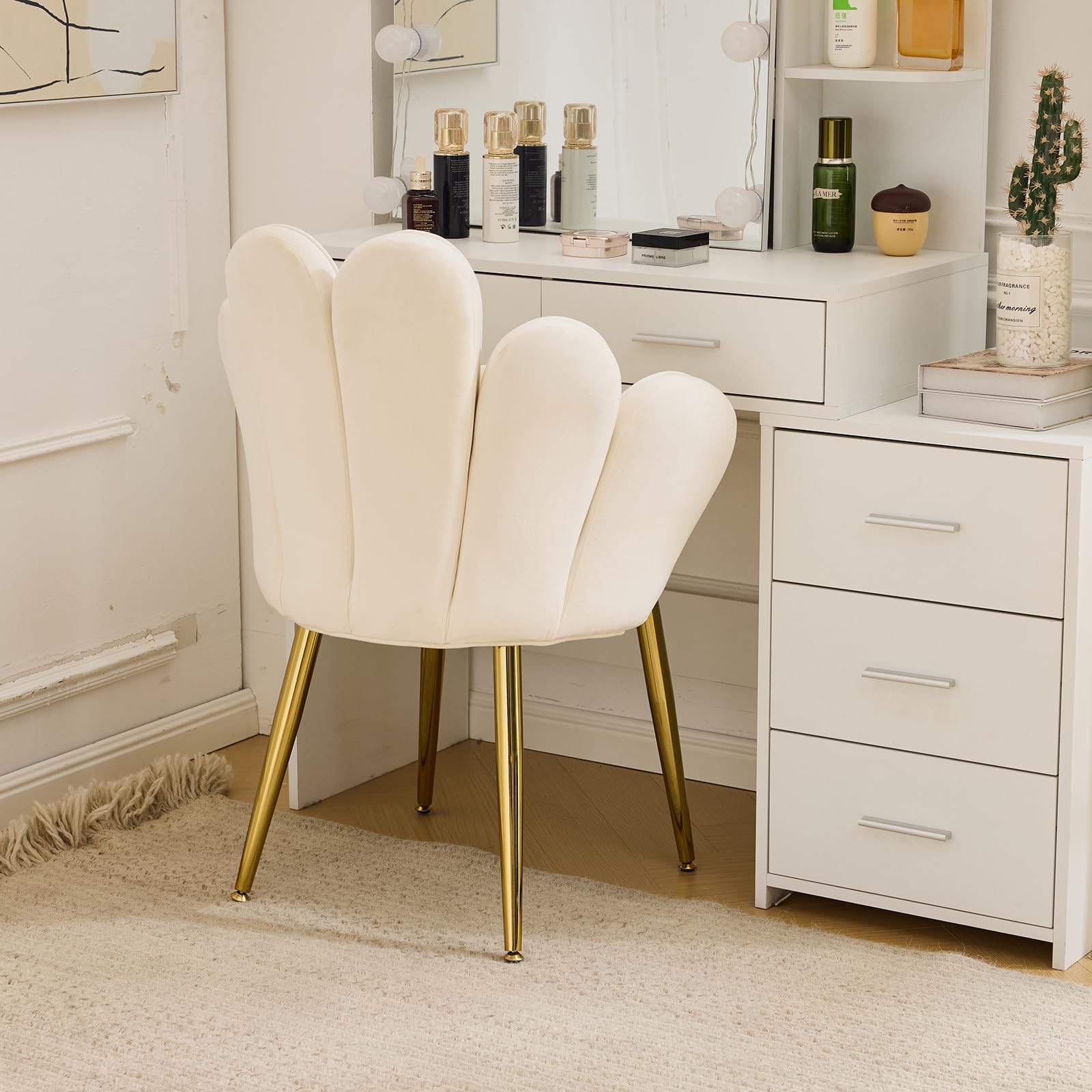 Fauteuil Salon, Chaise Coiffeuse, Dossier en Forme de Pétale, Fauteuil Chambre avec Coussin, Pieds en Métal (Blanc)
