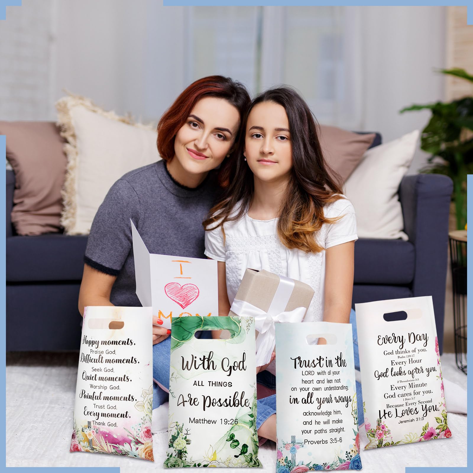 Yinder 60 Pcs Christian Gift Bags with Handles for Women Religious Plastic Bag with Bible Verse Bulk for Church Religious Christian Gifts Inspirational Flower Pouches for Women Party Favor Church