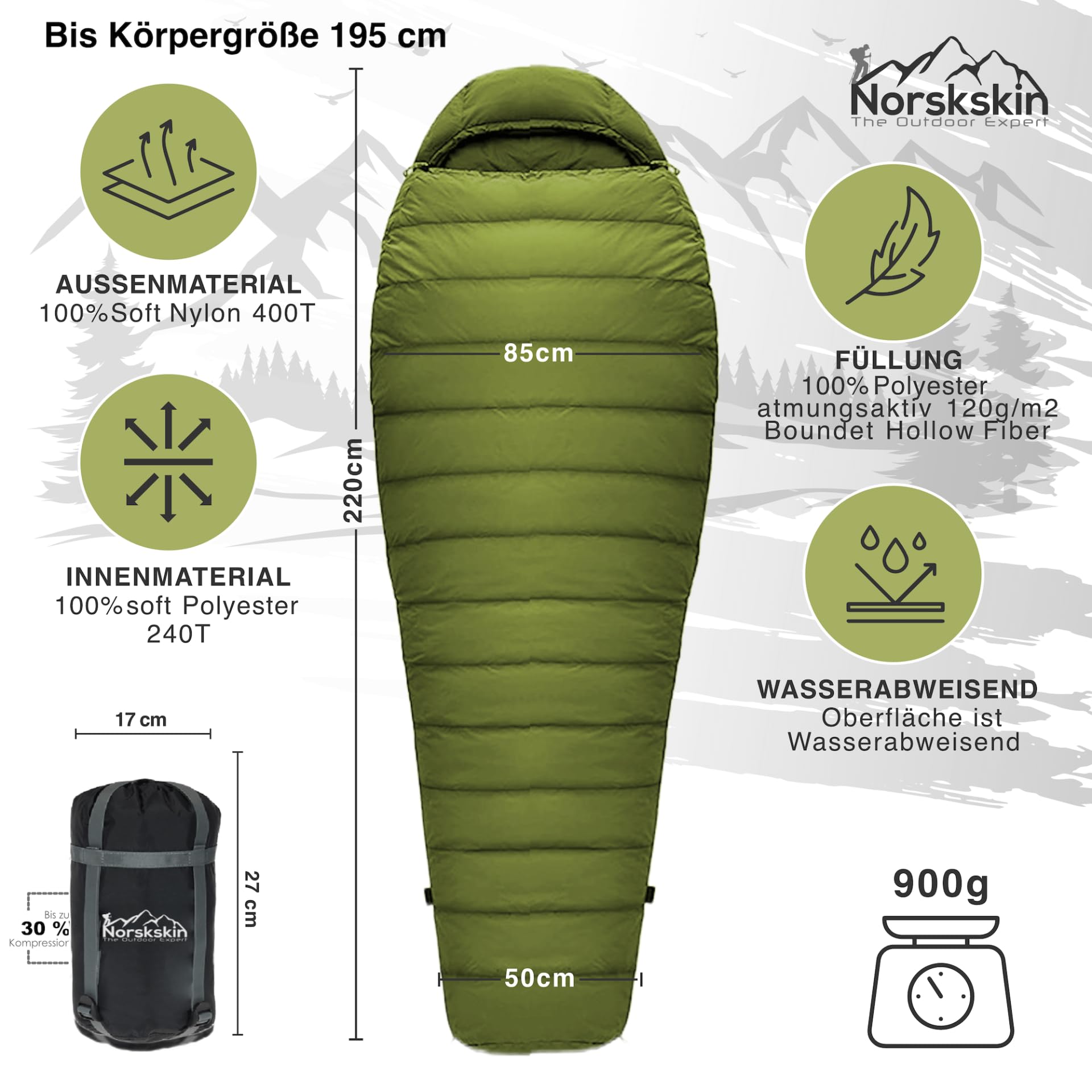 Mumienschlafsack Norskskin Ultralight 220 Grün Koppelbar Extrem - 6°C Schlafsack mit Kopfkissenfach
