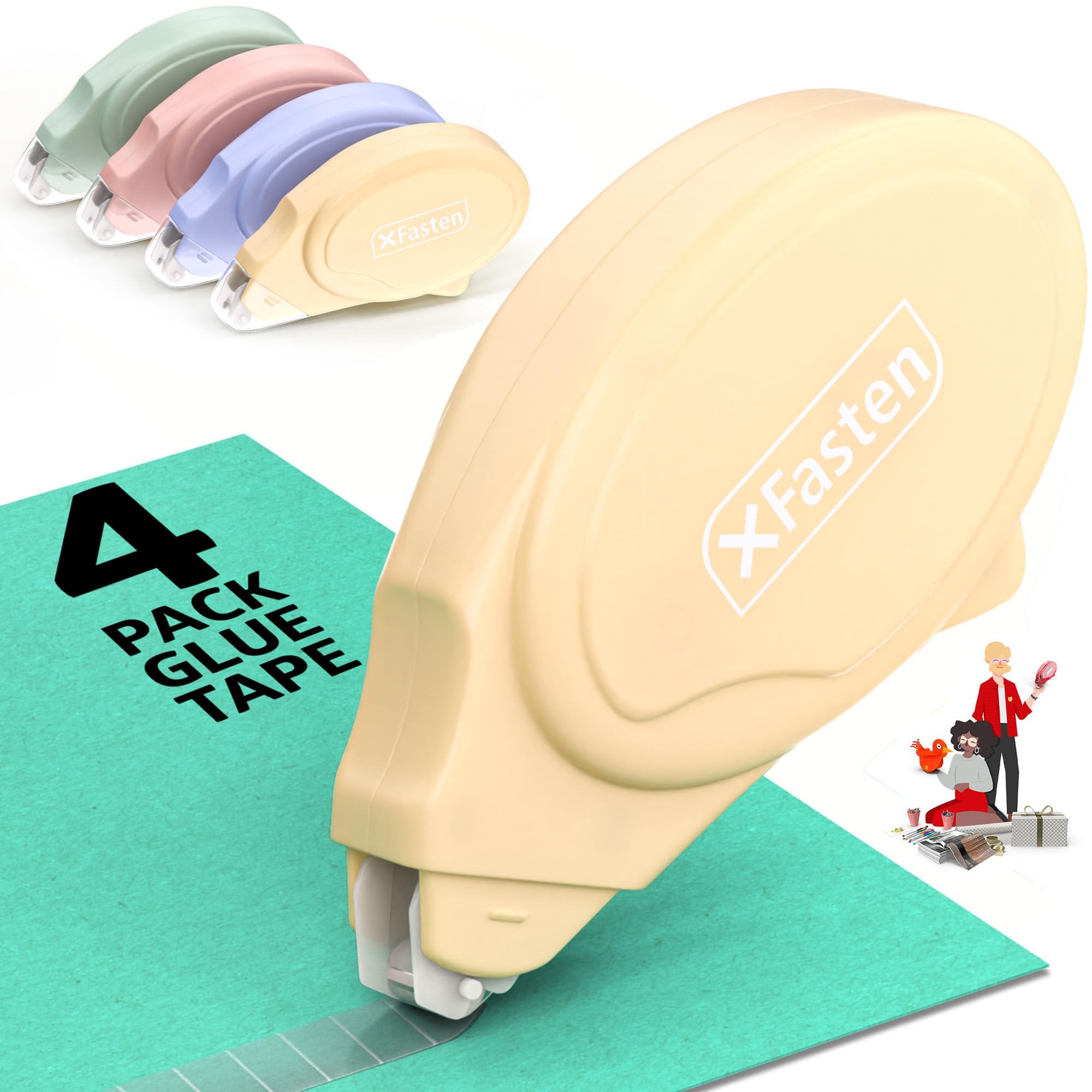 XFasten Glue Tape Roller for Scrapbooking 4-Pack Acid-Free Multicolor Double Sided Tape Roller for Crafts, Photos, Bullet and Junk Journaling Supplies