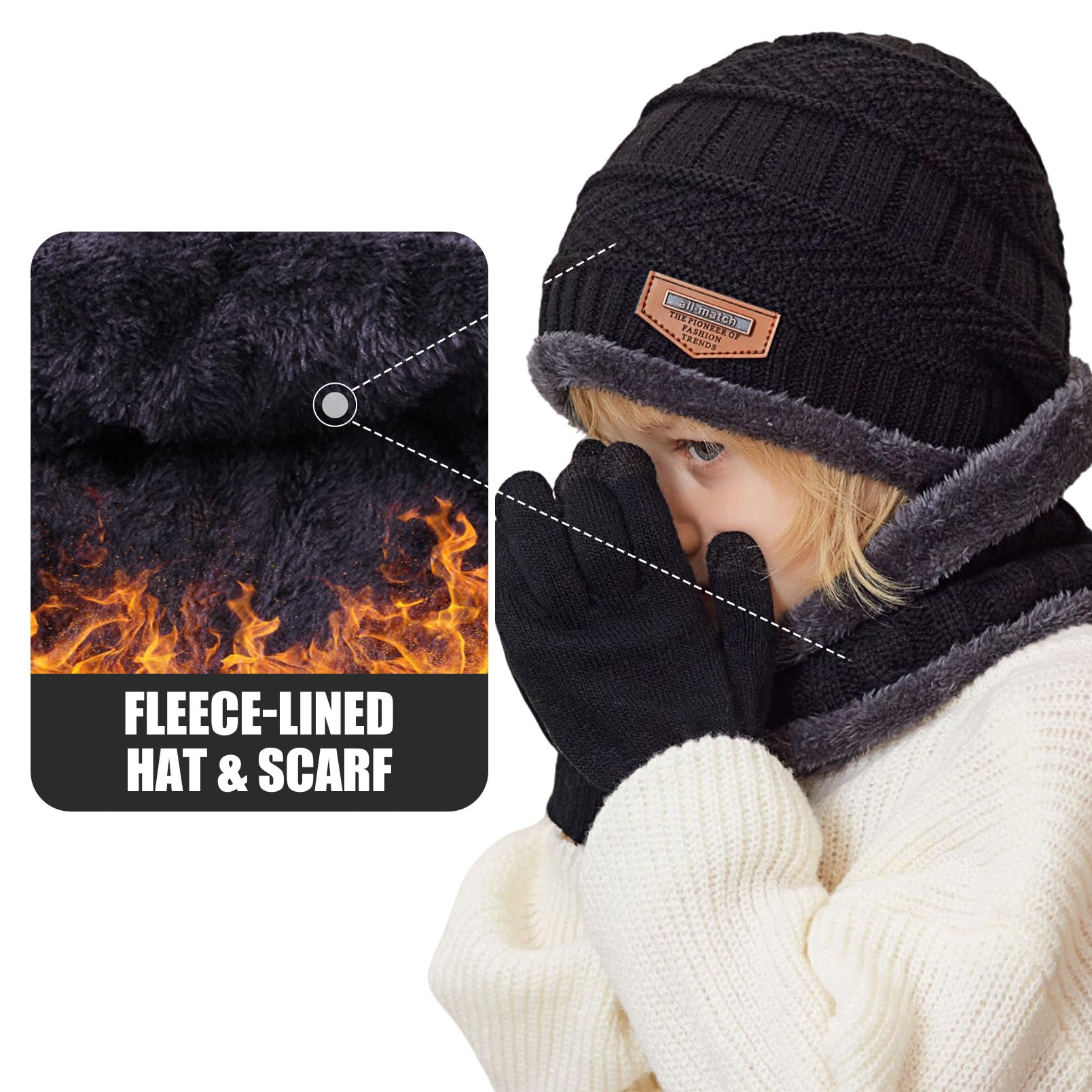 Packs Bonnet Écharpe et Gants Garçon Fille Enfant Bonnet Tricoté Doublé en Polaire Tour de Cou Gants d'hiver à Écran Tactile 5-10 Ans