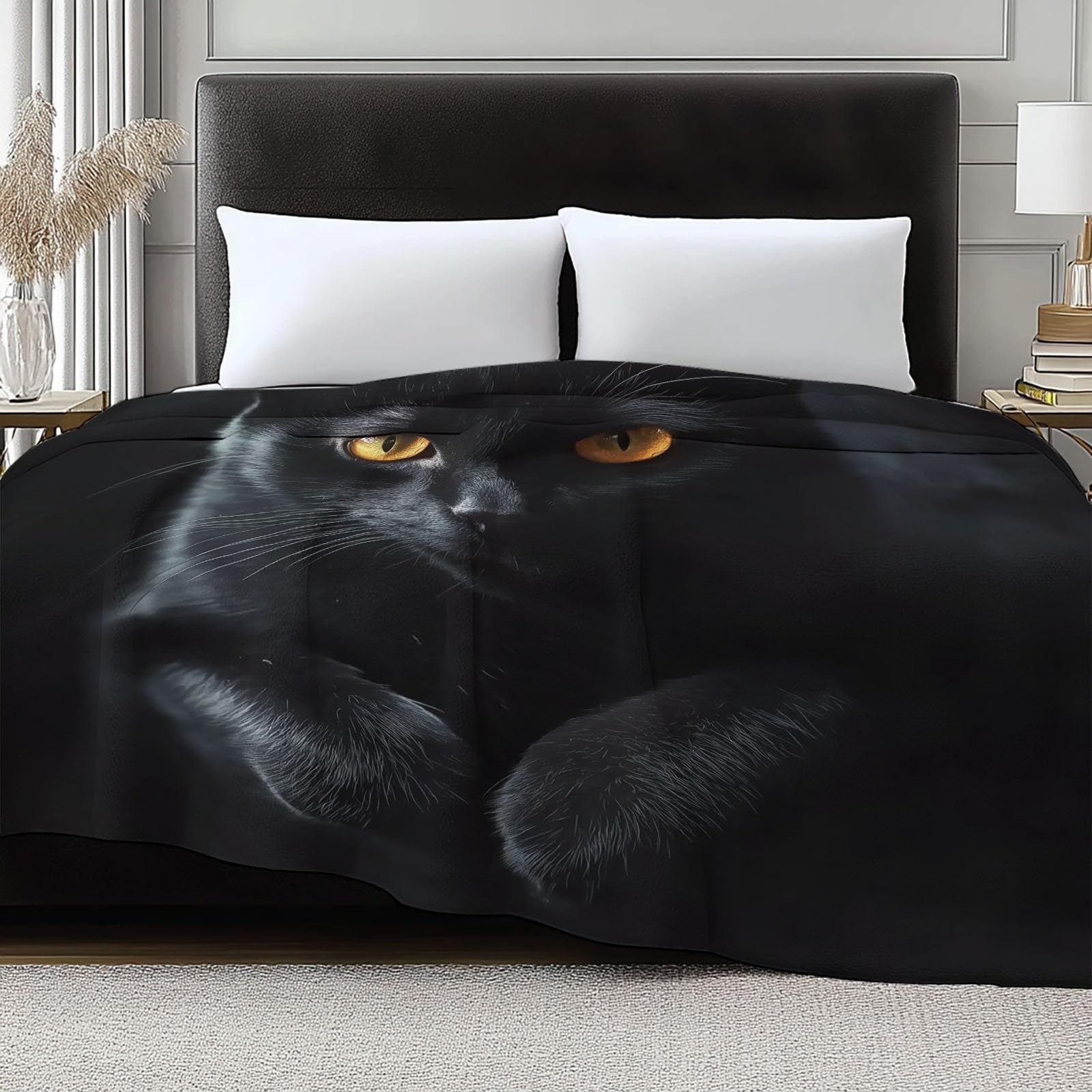 wohndecke Tier Schwarze Katze, Super Weiche Gemütliche Warme Flanell-Wurfdecke, leichte dekorative Klimaanlagen-Decke, Sofa Couch Wohnzimmerdekoration für Erwachsene Kinder Büro 150 x 200 cm