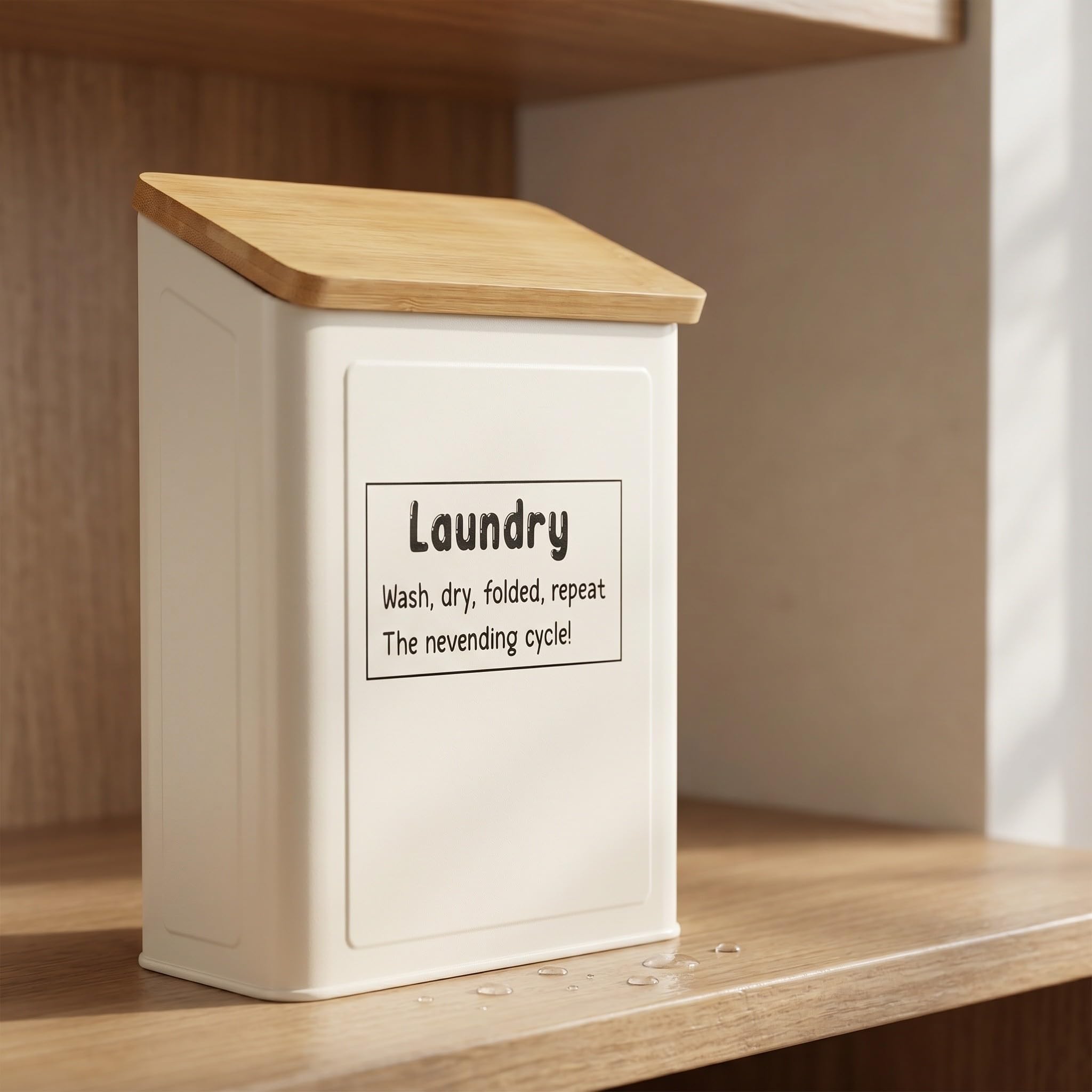 Caja Organizadora de Bambú Blanco para Detergente de Lavandería con Tapa Magnética y Protección Polvo para Espacio de Lavado