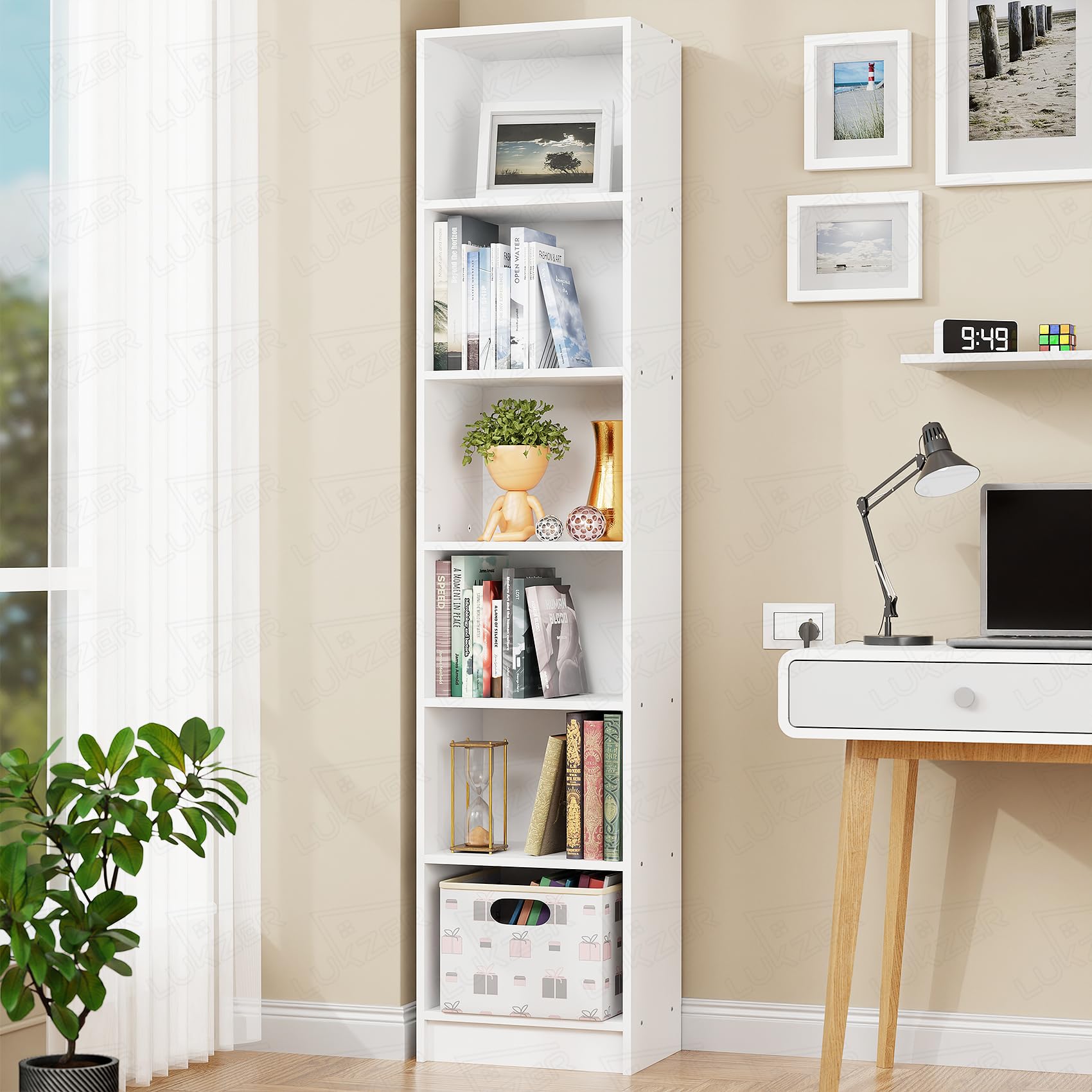 Lukzer 6-Layer Wooden Bookshelf for Home & Office | Open Storage Rack & Display Shelf | Engineered Wood Bookcase for Living Room, Bedroom & Study (MR-006 / White / 182 x 40 x 28 cm)-picture-26
