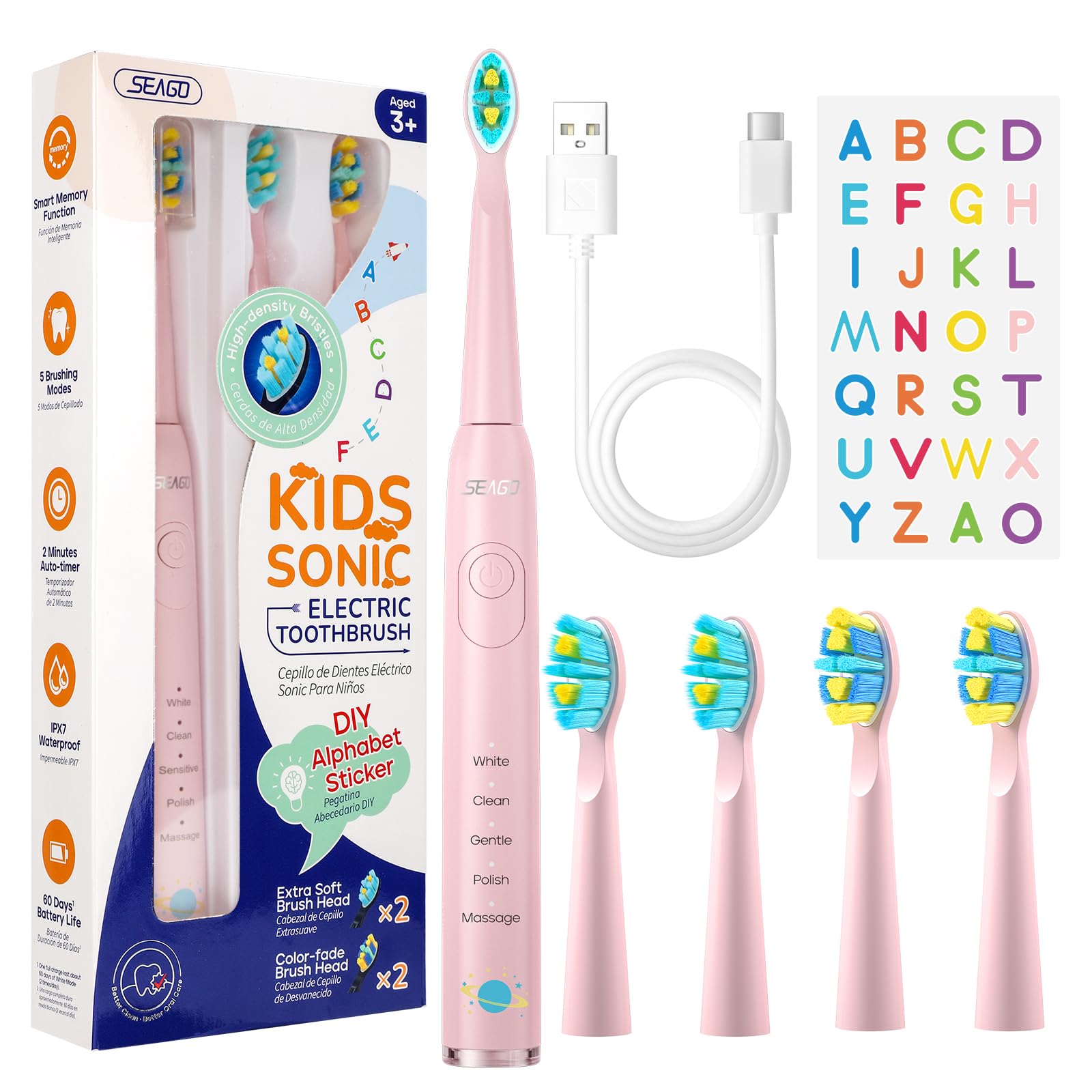 Seago Elektrische Zahnbürste Kinder ab 6, Kinderzahnbürste mit Smart Timer, 4 Weiche Ersatzbürstenköpfe, USB Wiederaufladbar, 5 Putzmodi, IPX7 Wasserdicht, 2 Buchstaben Aufkleber, SG-2303(Rosa)