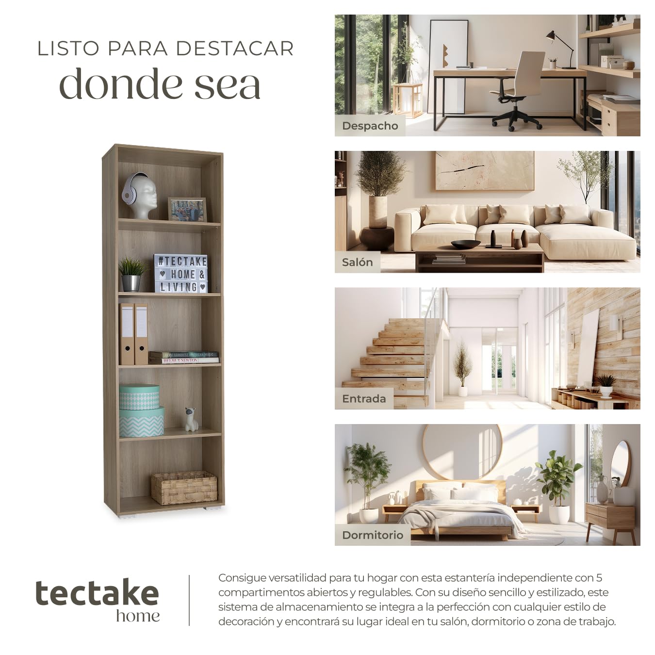 tectake® Estanteria Madera, Libreria Estanteria con 5 Compartimentos, Estanteria Almacenaje para Libros, Estanterias de Madera, Mueble Almacenaje, Estanteria Habitacion - Madera Clara, Roble Sonoma