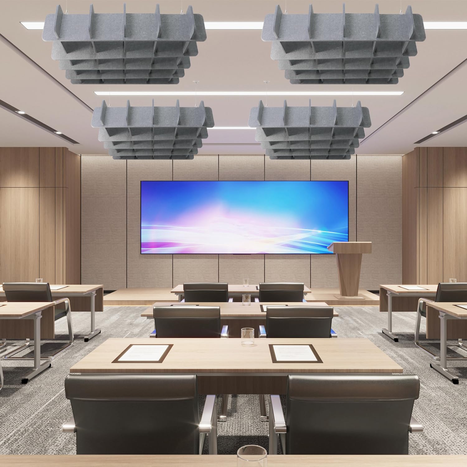 akustyczny panel sufitowy, panele akustyczne pochłaniające dźwięk, duży wiszący panel redukcji hałasu, sufitowe dyfuzory dźwiękowe do biura, kina domowego, studia nagraniowego, szary