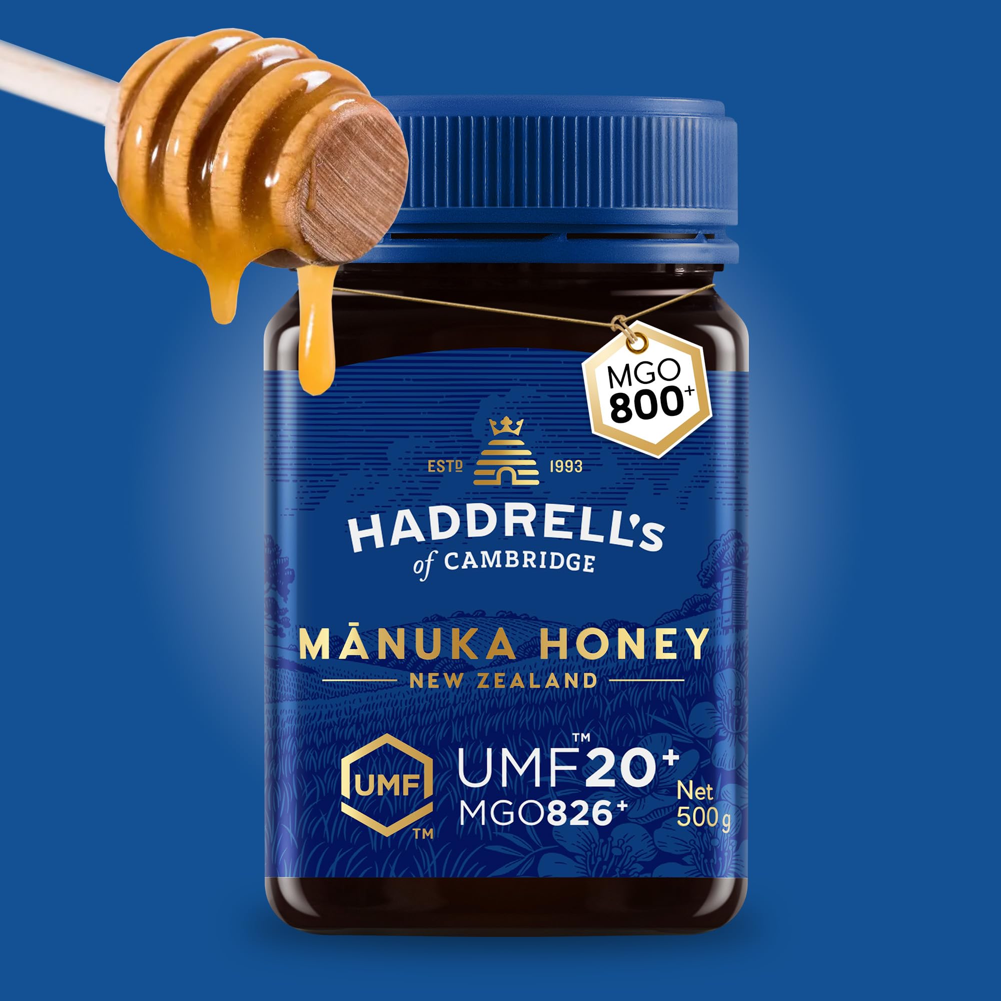 Haddrell's of Cambridge Manuka Honig 800+ MGO UMF 20+ 500 g | zertifizierter Manukahonig aus Neuseeland, reich an Methylglyoxal, nachhaltig und roh, für Frühstück und Tee