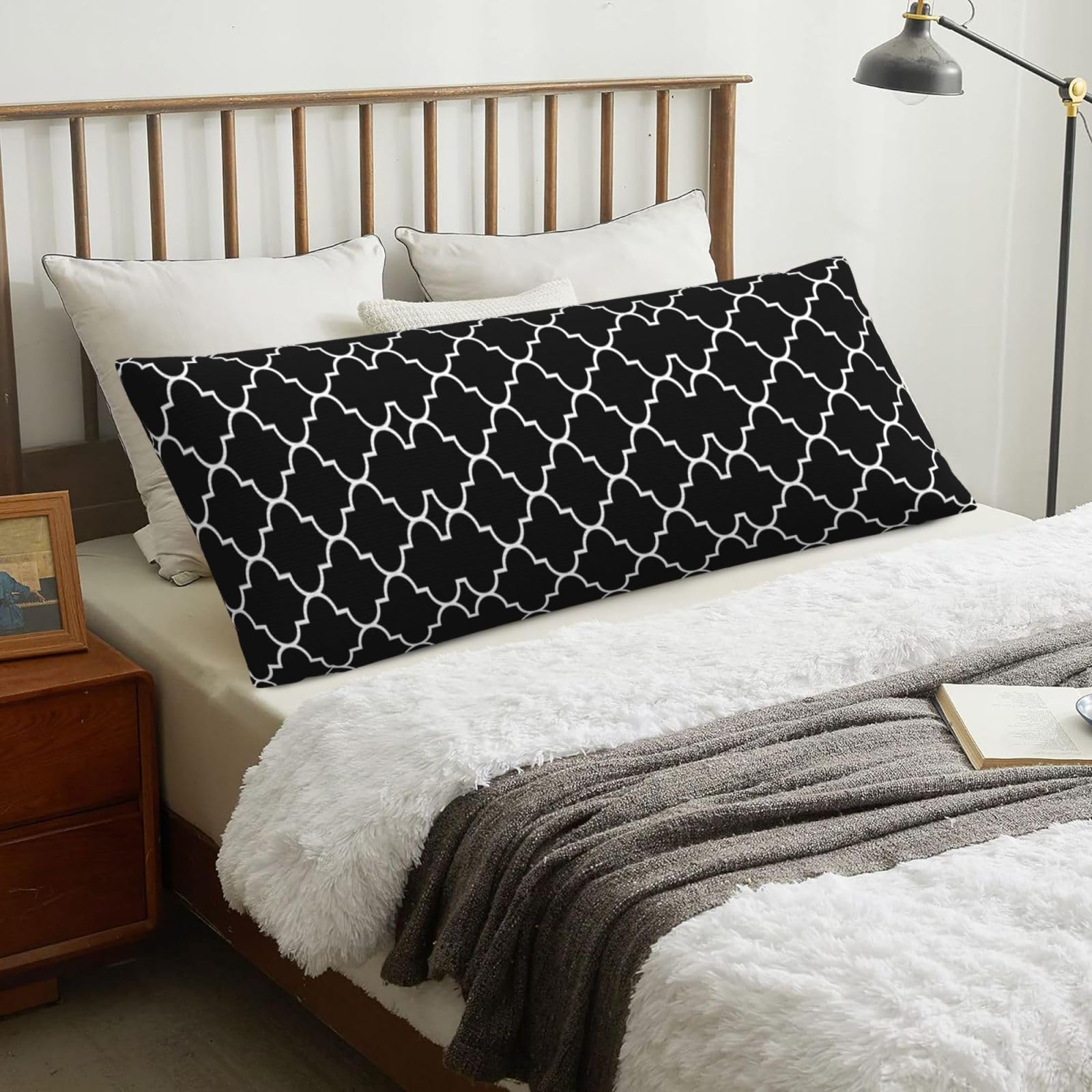 Large White On Black Background Quatrefoil, Body Pillow Cover with Zipper,Long Body Pillowcase 20 x 60 in