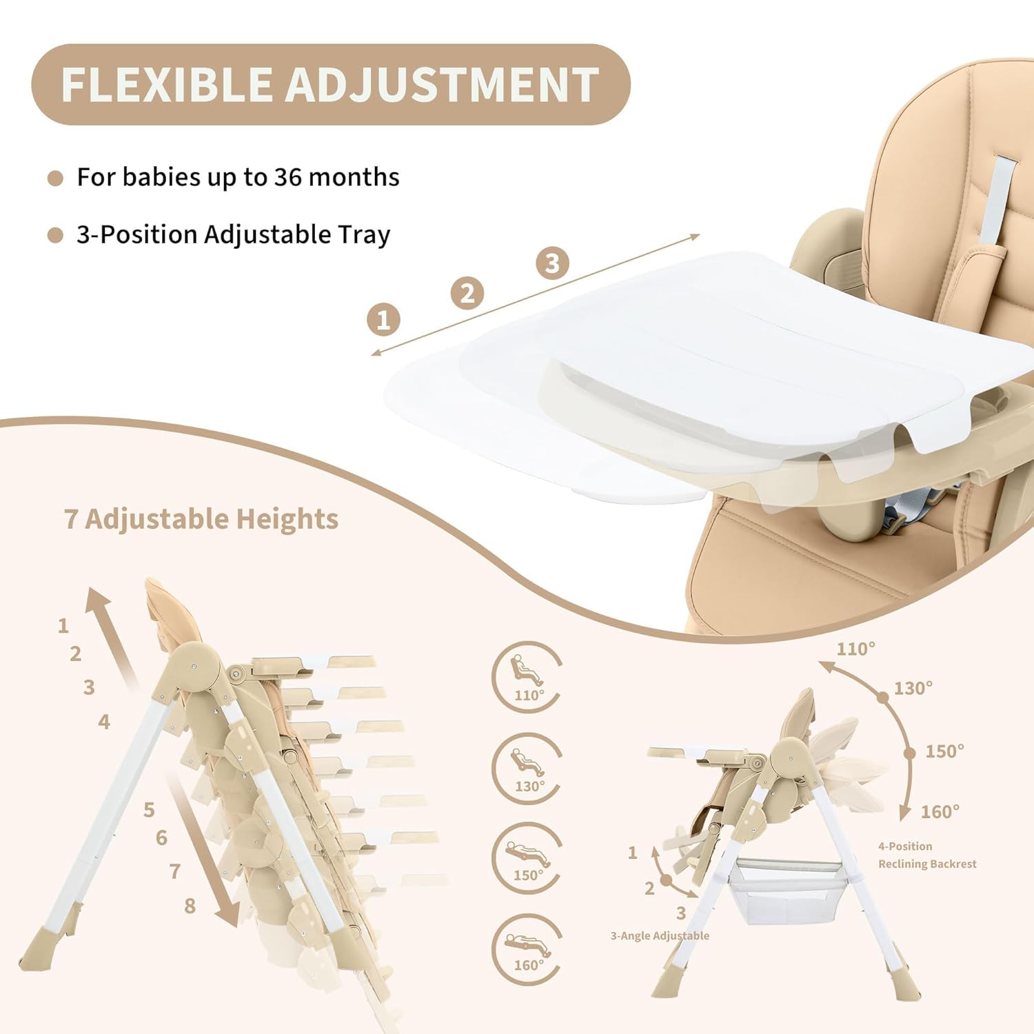 Baby High Chair, Foldable Portable Highchair for Infants & Toddlers, 7-Height Adjustable, 4-Position Backrest, 3-Level Footrest, Removable Tray, 5-Point Harness & PU Leather Cushion, for 6-36 Months
