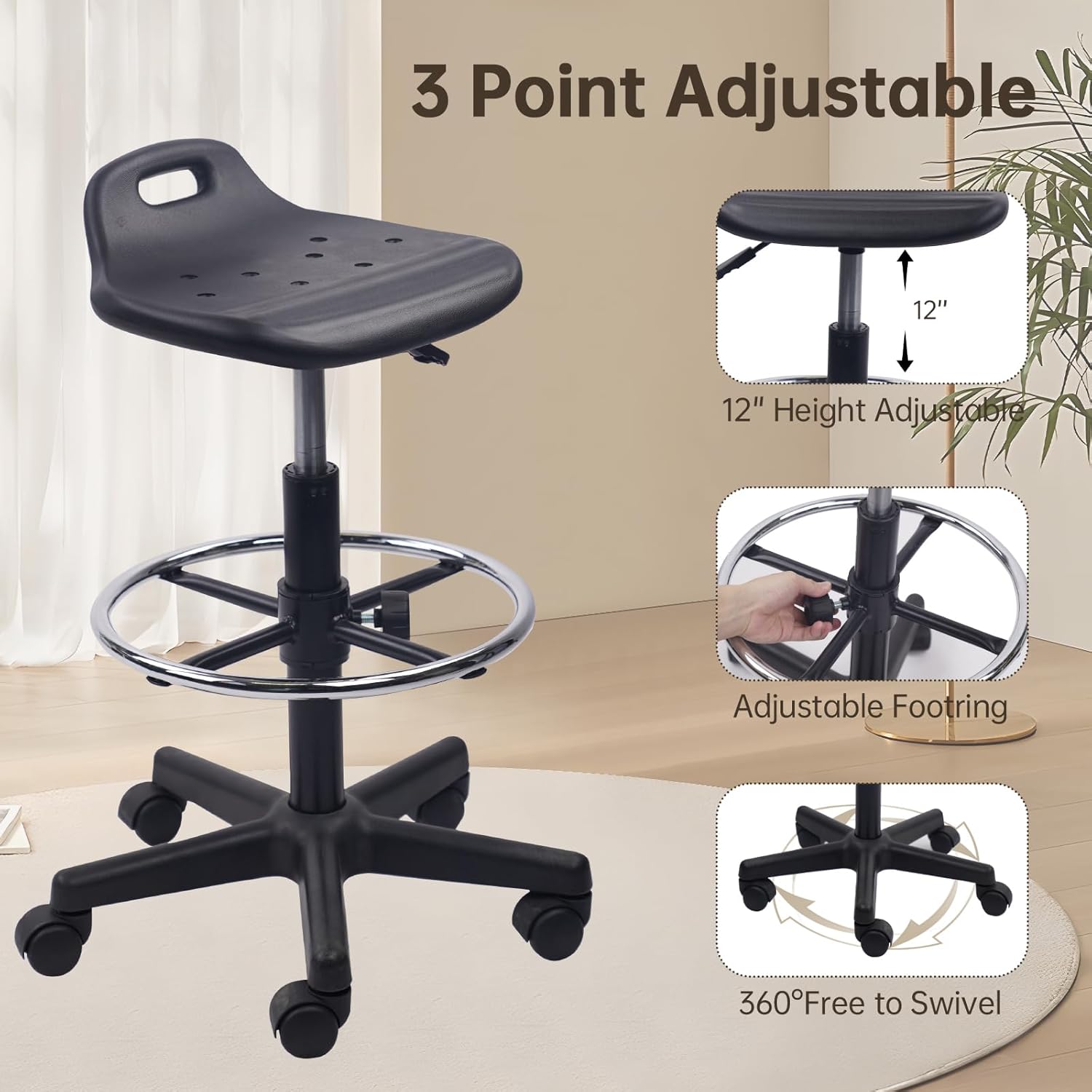 KLASIKA Drafting Rolling Stool Adjustable Height with Foot Rest Breathable Seat Cushion Swivel Stools with Wheels, Multi-Purpose Work Stool for Shop, Task, Salon, Black, 4 Pack