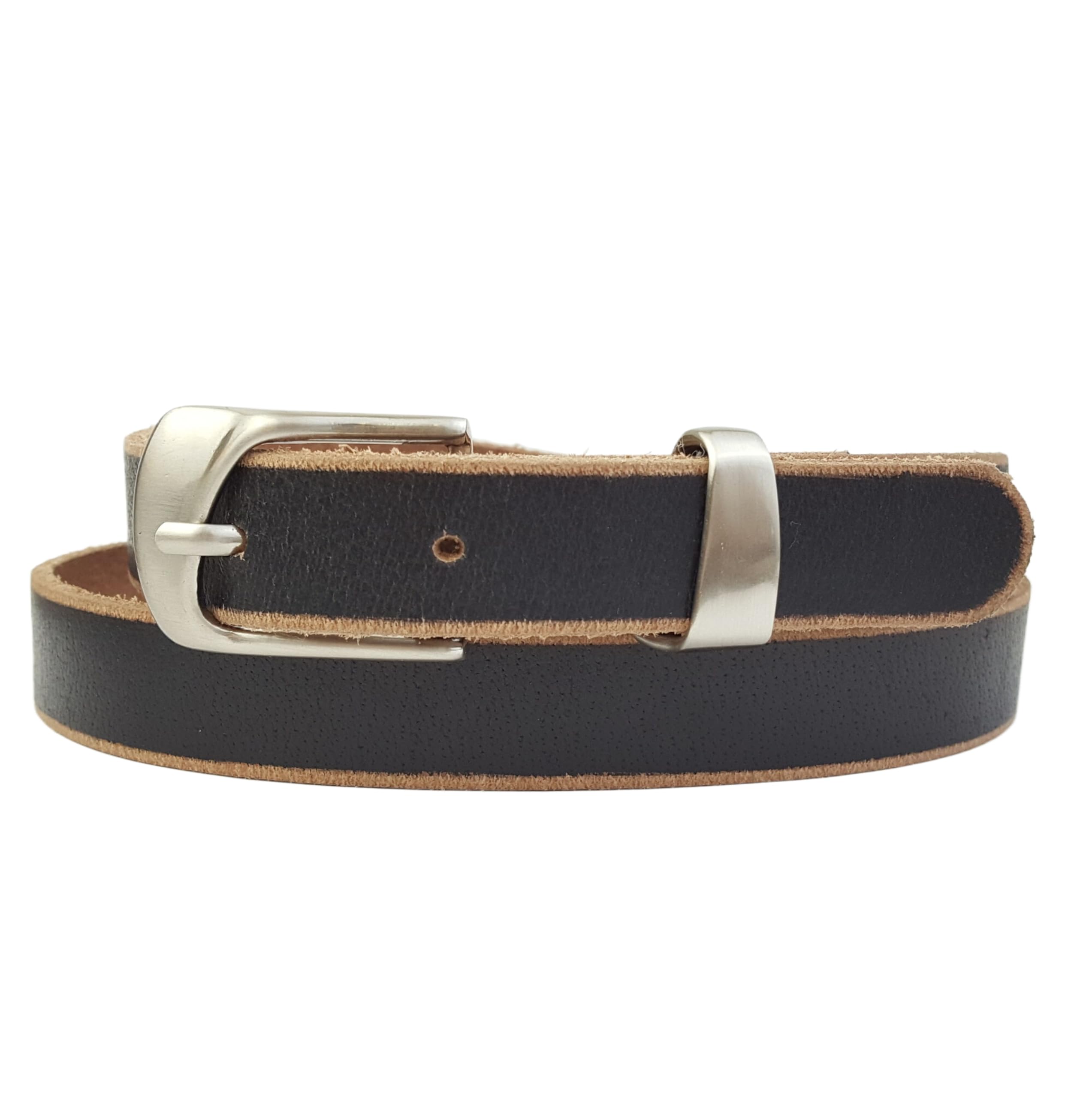 AXESORIA: Skinny Classic Silver Buckle Loop Genuine Leather Belt Black L