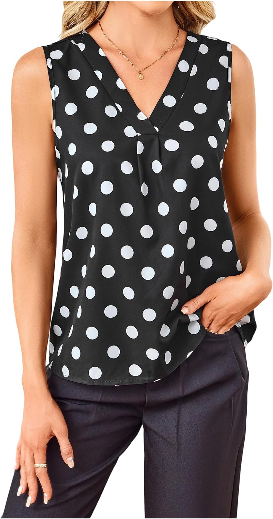 Women's Casual Polka Dots Tank Tops Summer V Neck Sleeveless Tunic Shirts Office Work Blouse