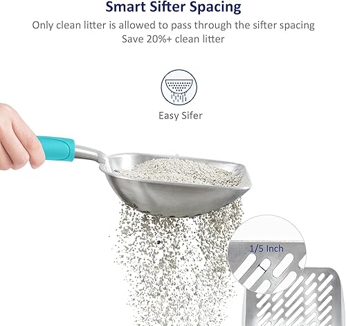 Miniatura 3 de WePet Cuchara de arena para gatos, tamiz de aleación de aluminio, pala de metal para gatitos, pala profunda con orificio diagonal, mango largo,