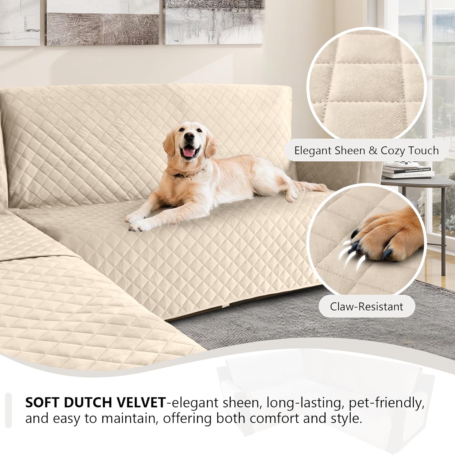 Waterproof Corner Sectional Couch Covers for L Shape Sofa Velvet 6 Piece U Shaped Couch Cover for Dogs Pets Washable Non Slip Sofa Slipcovers Protector for Living Room (XX-Large, Beige)