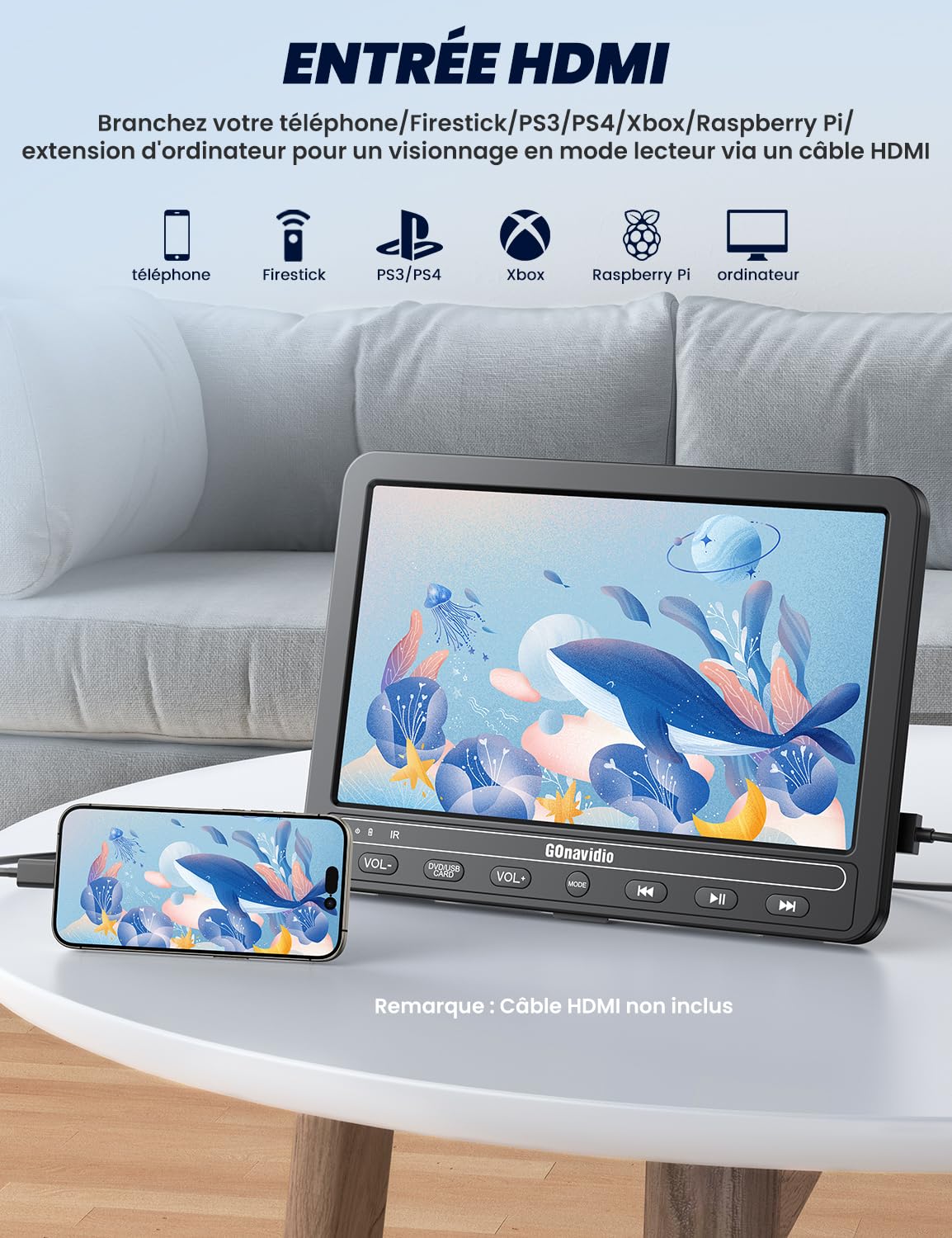 GOnavidio 10.5'' Lecteur DVD Portable HDMI Input, 2 écrans indépendants avec 5 Heures Batterie Rechargeable, Support USB/SD