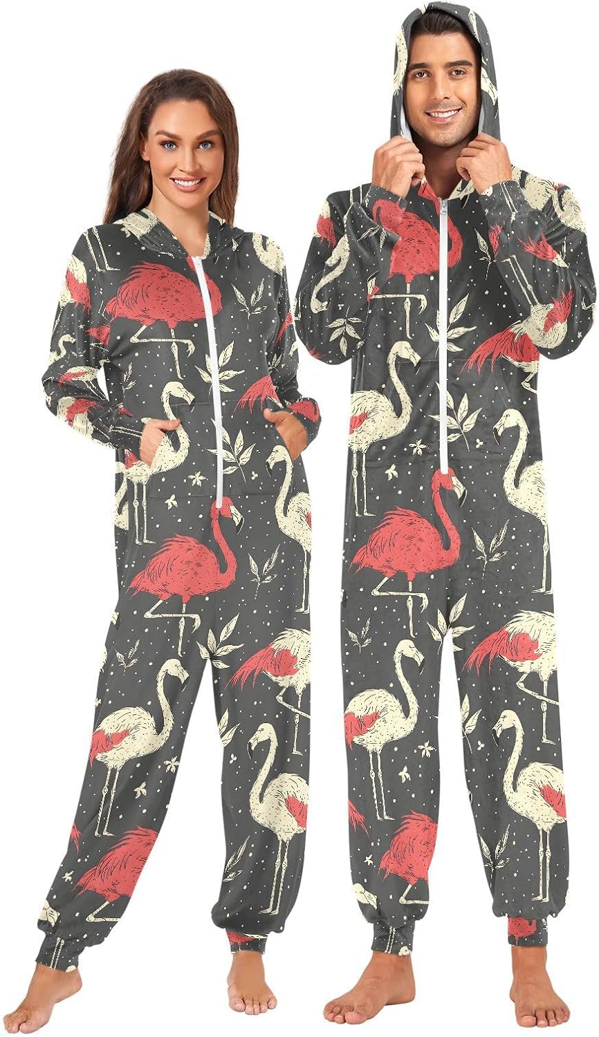 Flamingo Leaf Tropical Adult Onesie Pajamas Novelty One Piece Costume Sleepwear Jumpsuits Matching PJS
