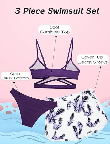 SEAUR Meisjesbikiniset met rok, 3-delig, tieners, badmode, modieus bedrukt, badpak, gevoerde badkleding voor 140-170 cm, 140
