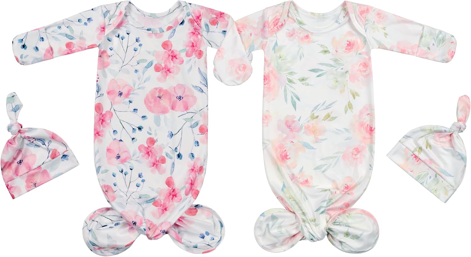Newborn Cotton Knotted Gown Sleeper Gown with Beanie Set Baby Girl Nightgowns Coming Home Outfits 2 Packs
