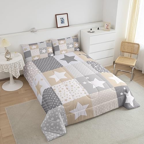 Miniatura 4 de Juego de edredón con patrón de estrellas marrón y gris, tamaño Queen, juego de ropa de cama de cielo estrellado de ensueño para niños y niñas,
