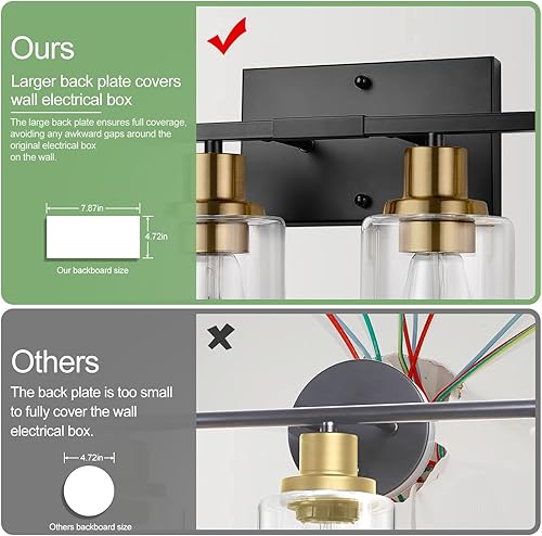 Miniatura 44 de Lámparas de baño de 3 luces, luces de tocador de latón para baño con pantallas de vidrio transparente, modernos apliques de pared de baño