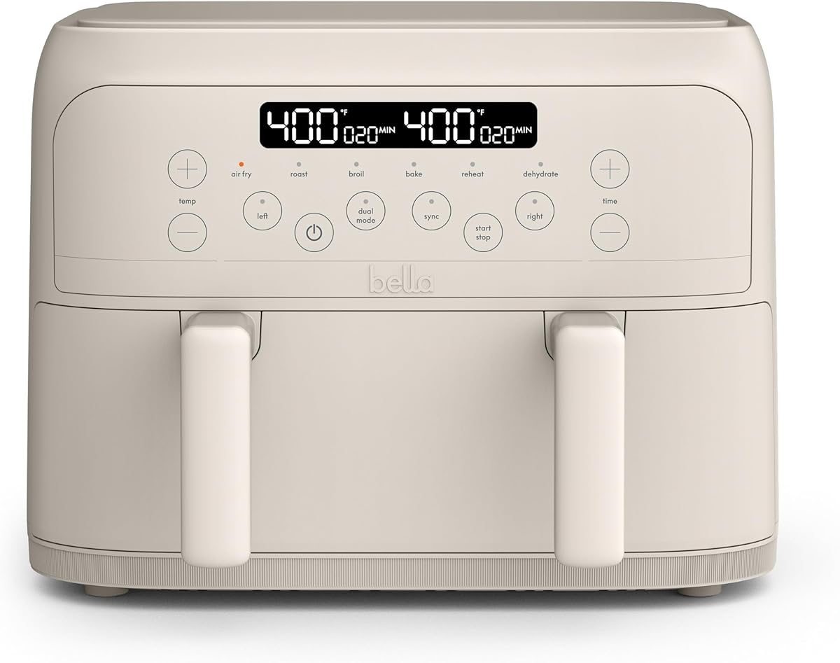 bella 4 Qt TriZone Air Fryer, EverGood™ Ceramic Nonstick Coating, Dual Basket Design w Removable Divider, Digital Touchscreen Control w 6 Preset Cooking Options, 1200 Watt, 3lb Capacity, Oatmilk