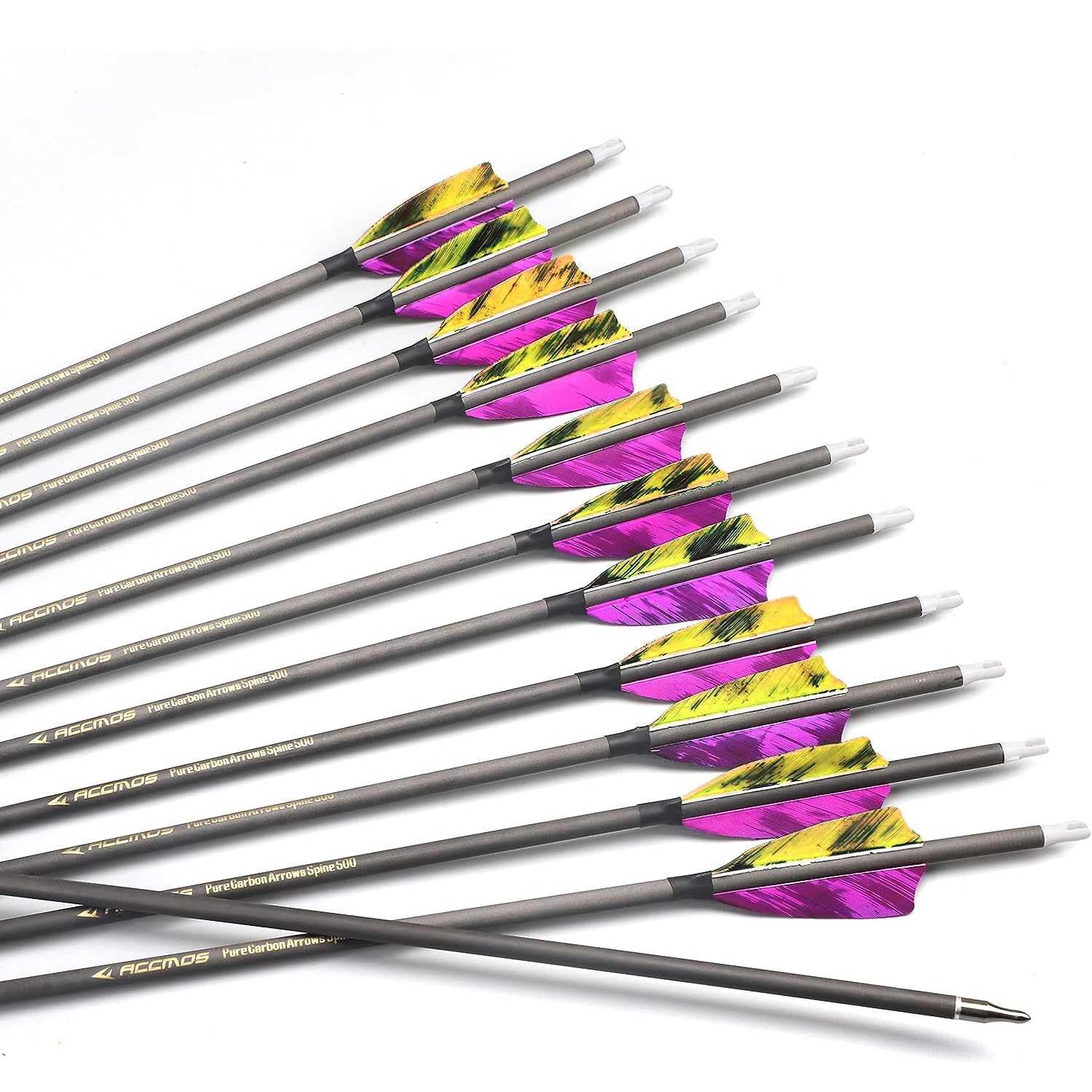 12pc 33-Inch 700-Spine Arrow Removable Tips Targeting Hunting Arrow 3" Turkey Feather Feathered Carbon Arrows for Traditional Bow Long-Bow Recurve Bow Compound Bow Adult Youth Archery Purple Yellow A5