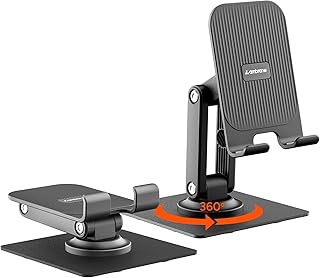 Ambrane 360° Rotation, Foldable Design Mobile Stand with Stable Metalic Round Base, Multiple Height & Angle adjustments Compatible with Smartphones, Tablets, Kindles & iPad (Twistand 360, Black)