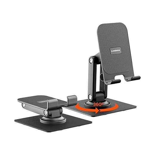 Ambrane 360° Rotation, Foldable Design Mobile Stand with Stable Metalic Round Base, Multiple Height & Angle adjustments Compatible with Smartphones, Tablets, Kindles & iPad (Twistand 360, Black)