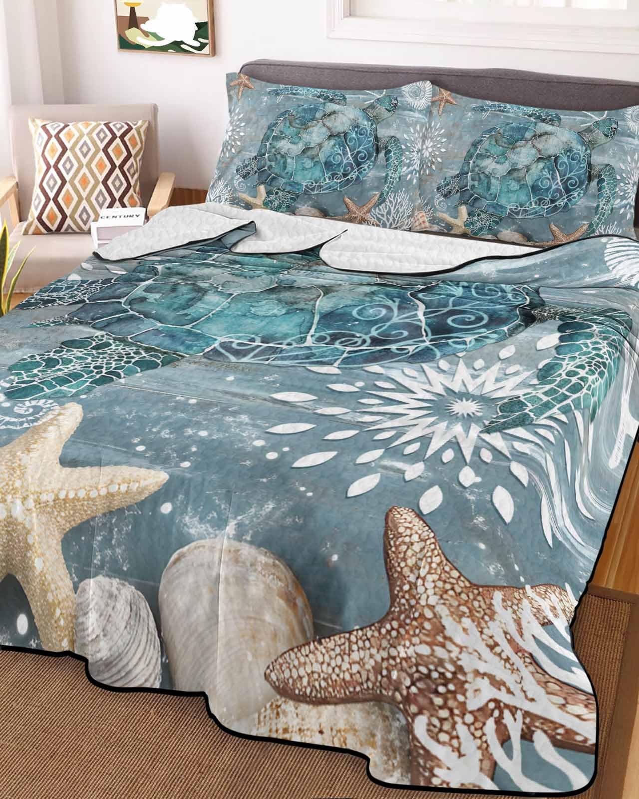 3-Piece Summer Quilt Full Size, Coastal Turtle Lightweight Cooling Bedding Comforter Blanket with 2 Pillow Shams, Summer Nautical Teal Beach Starfish Coral Bedspreads Quilted Coverlet Sets 78