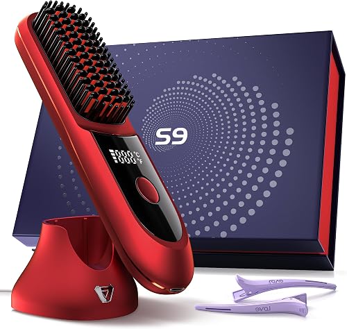 VELORIA Cordless Hair Straightener Brush Pro+ with Charging Dock, Red