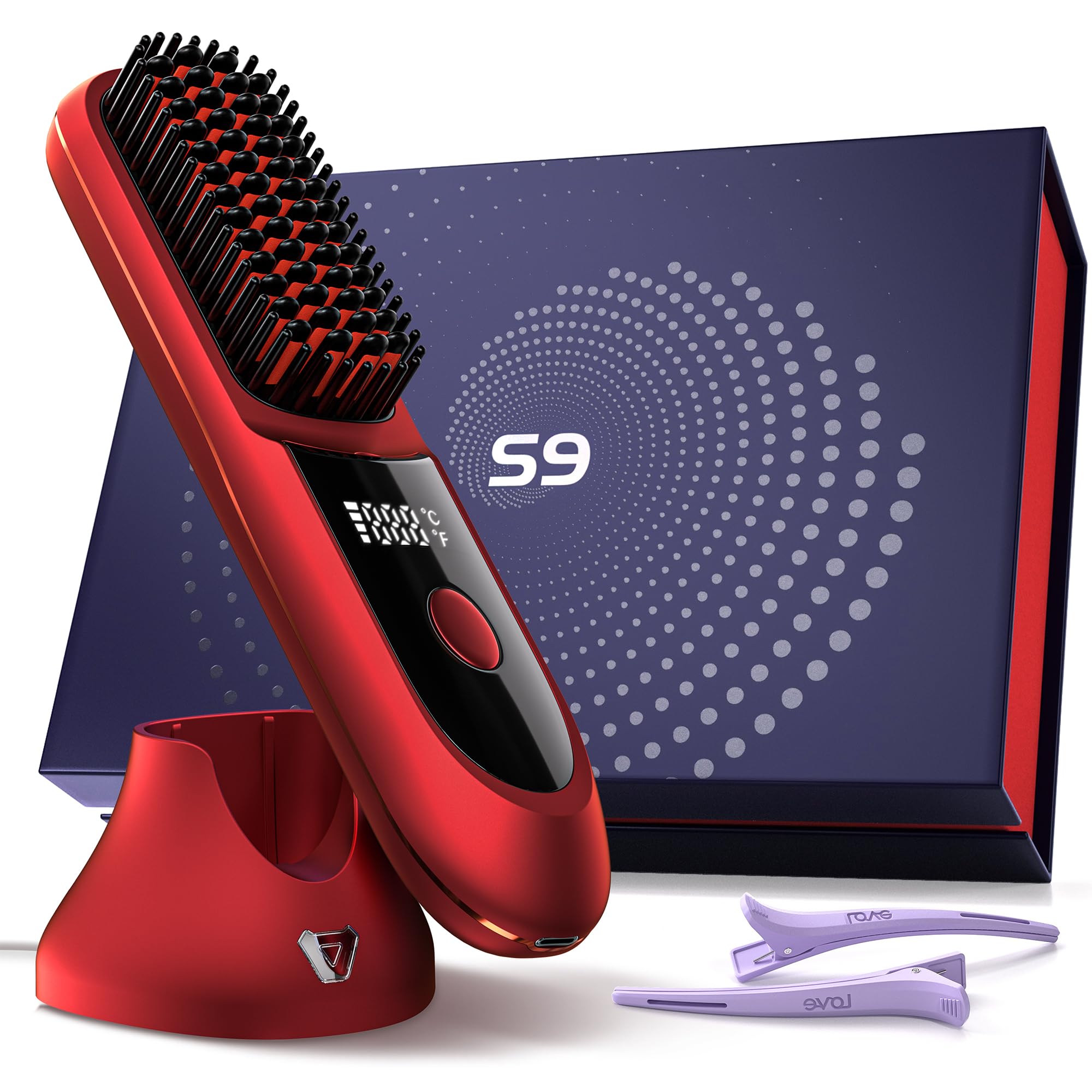 VELORIA Cordless Hair Straightener Brush Pro+ with Charging Dock, Red