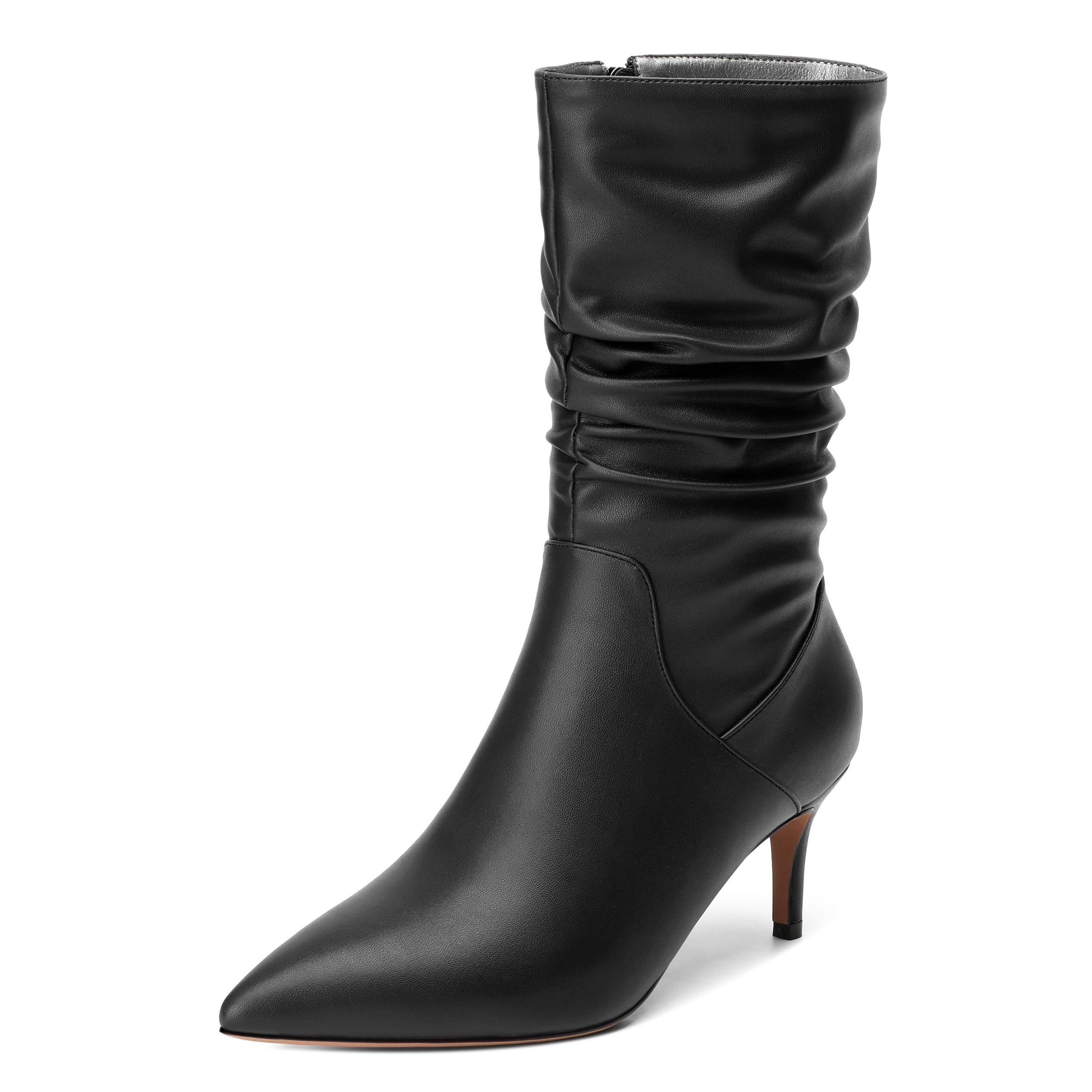 Womens High Heel Mid Calf Slouchy Boots Pointed Toe Zip Fashion Boot Black Matte Size 7 5