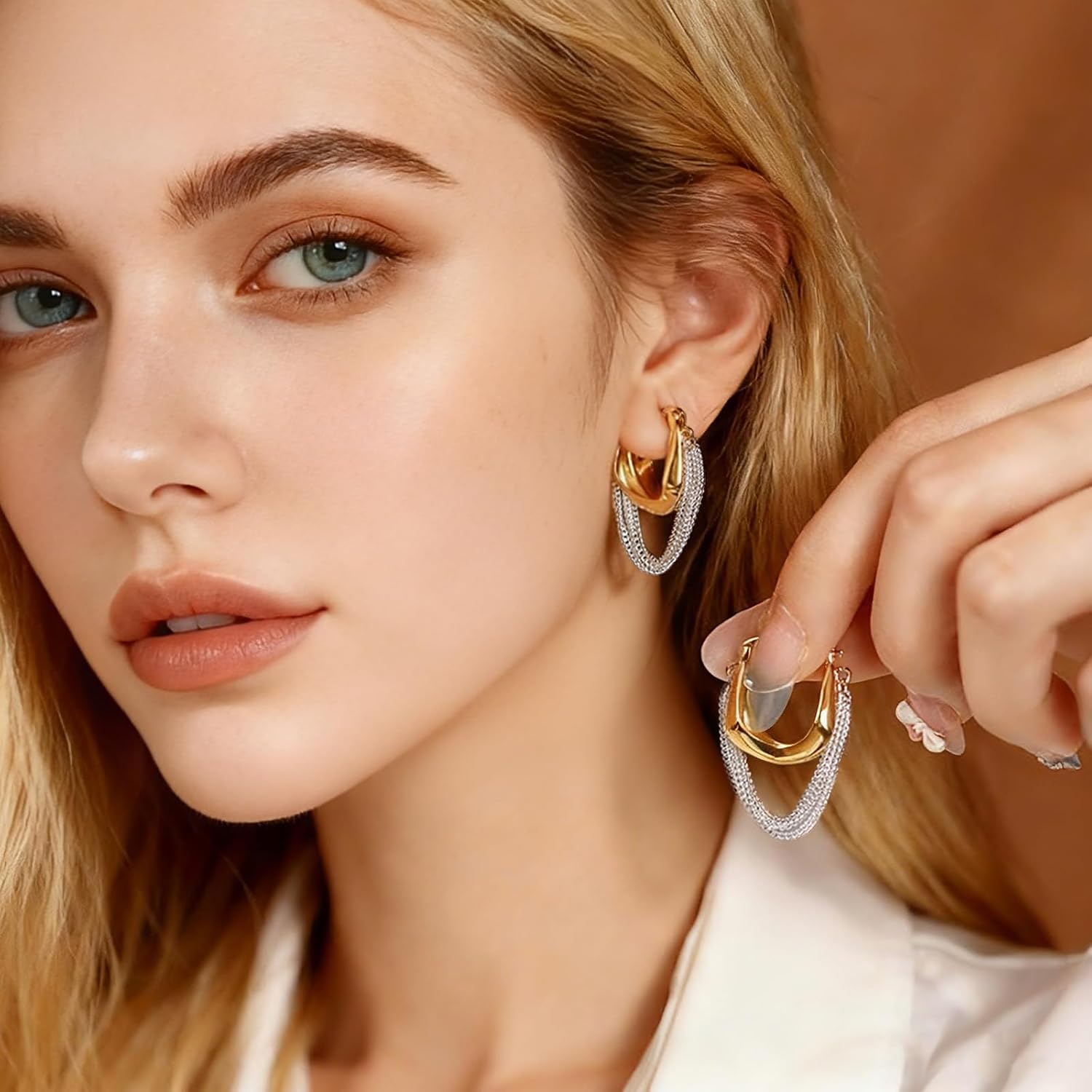 Tassel Chain Hoop Earrings for Women Silver and Gold Plated Hypoallergenic Two Tone Mixed Metal Dangle Hoops Trendy Jewelry Gifts - Image 4