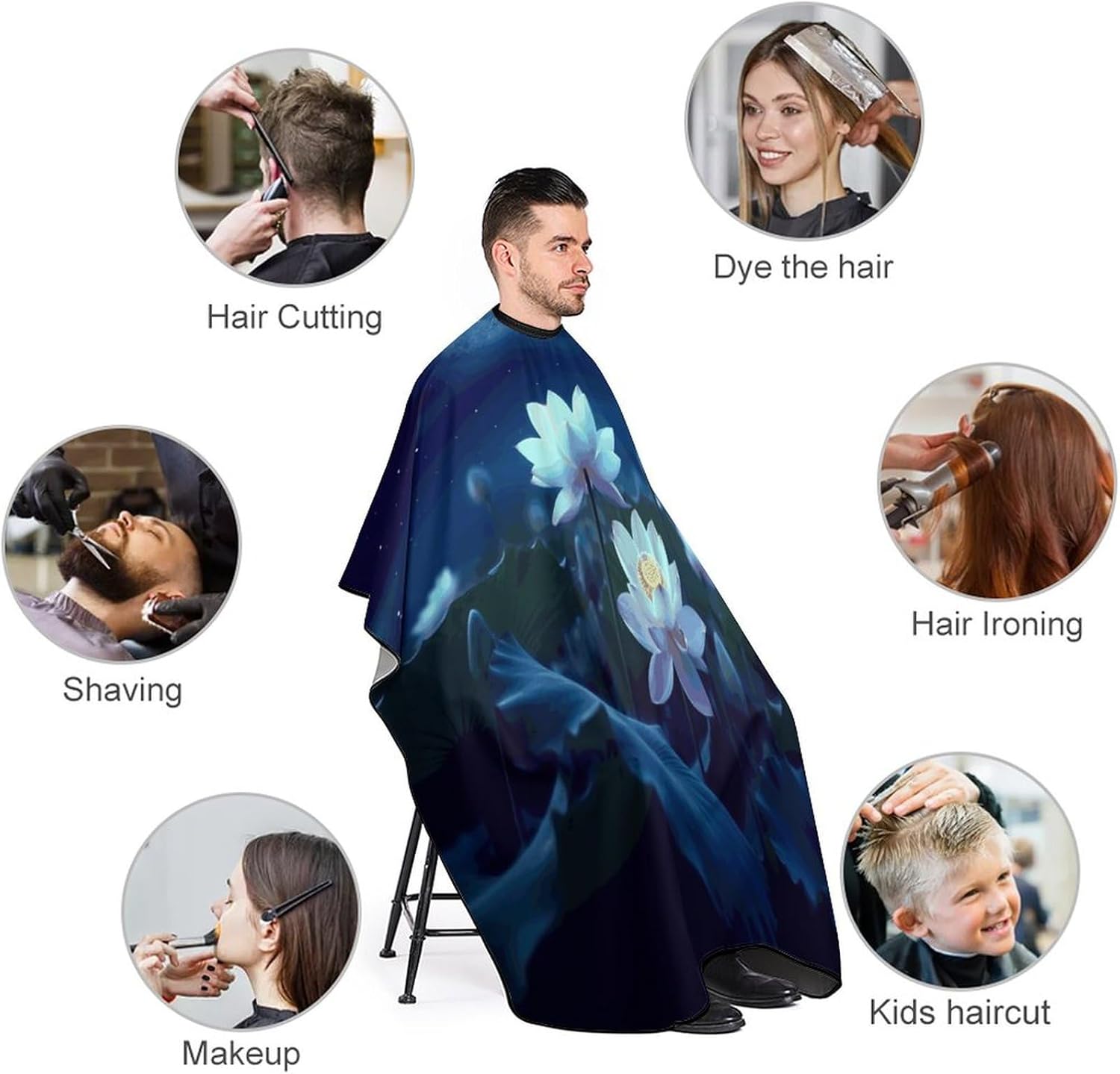 Night Lotus Flowers Apron for Women Men,Barber Cape with Adjustable Snap Closure,Hair Cutting Cape,66.9 X 56.7 Inches for Hair Dye, Comb-out, Styling, Shampoo