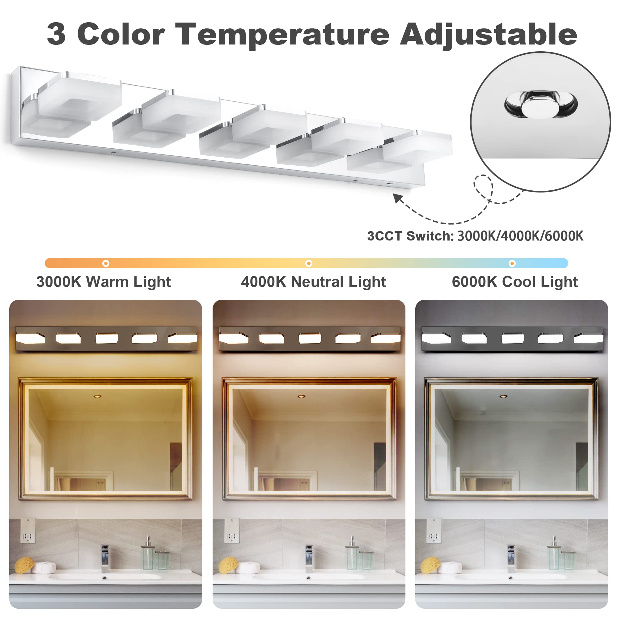 3 Farben dimmbare Badezimmerleuchten über Spiegel LED Chrom Make-up Leuchten Acryl Edelstahl 5 Licht Badezimmer Make-up-Leuchten, einstellbar 3.000 K/4.000 K/6.000 K, 360° drehen