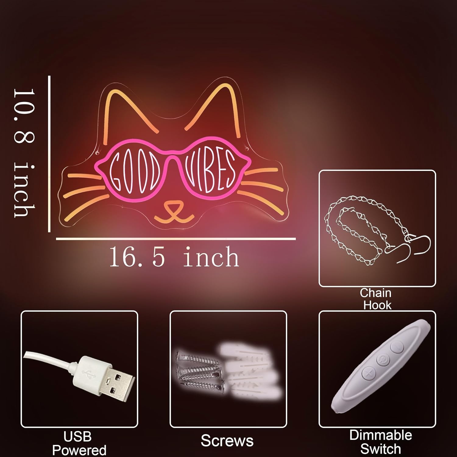 Cat Neon Sign GOOD VIBES LED Neon Light Sign for Wall Decor, Cute Kitty Neon Signs for Bedroom, Bar, Party, Game Room, Living Room, Aesthetic Home Decoration