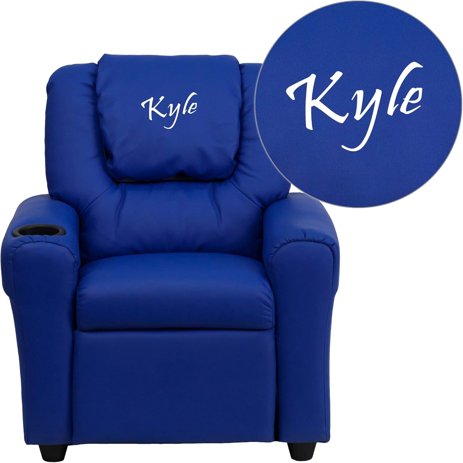 Flash Furniture Personalized Vinyl Kids Recliner with Cup Holder and Headrest, Blue